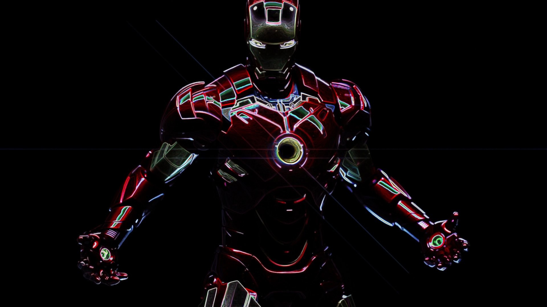 Iron Man, Armatura, Contorni luminosi, Sfondo nero, Full HD, wallpaper per computer