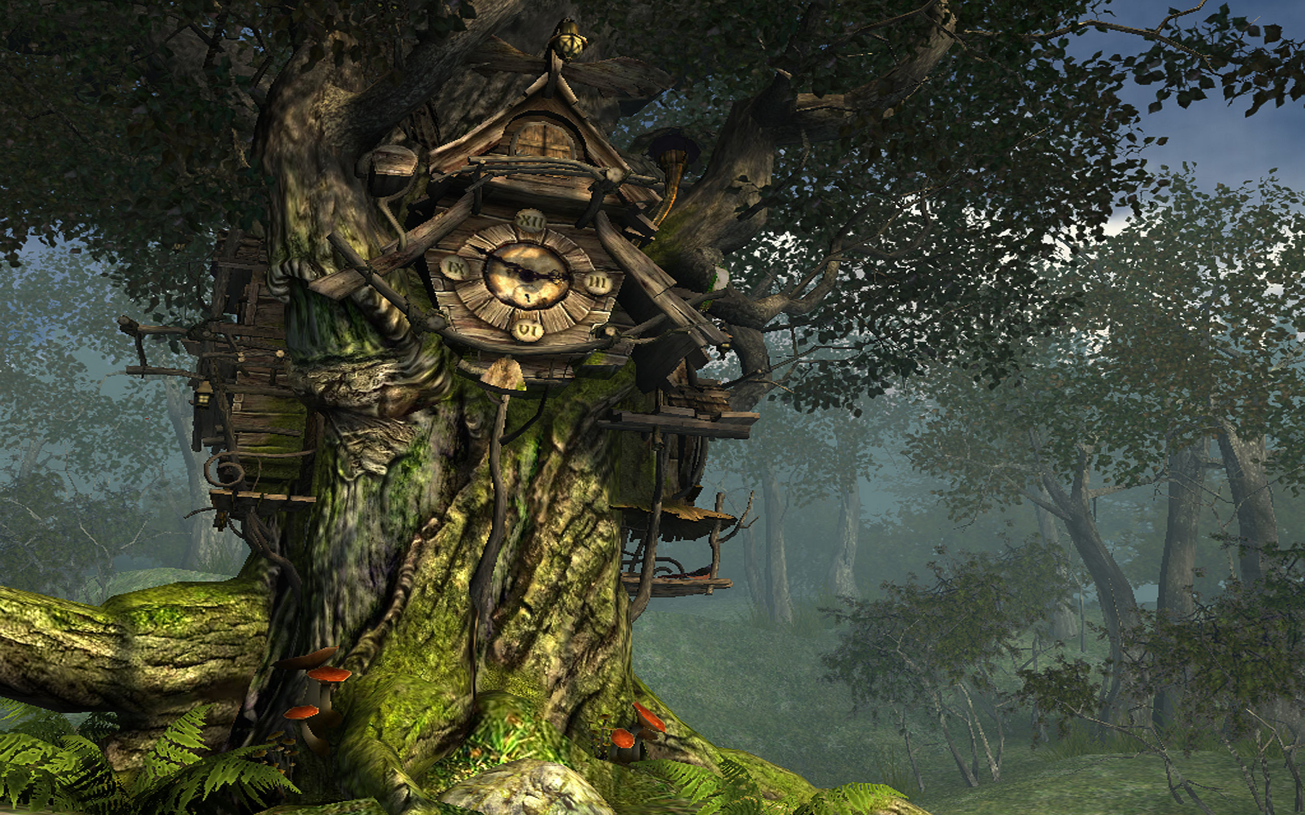 Casa sull'albero, Bosco fantasy, Rendering 3D, Albero, 2560x1600, sfondo per PC