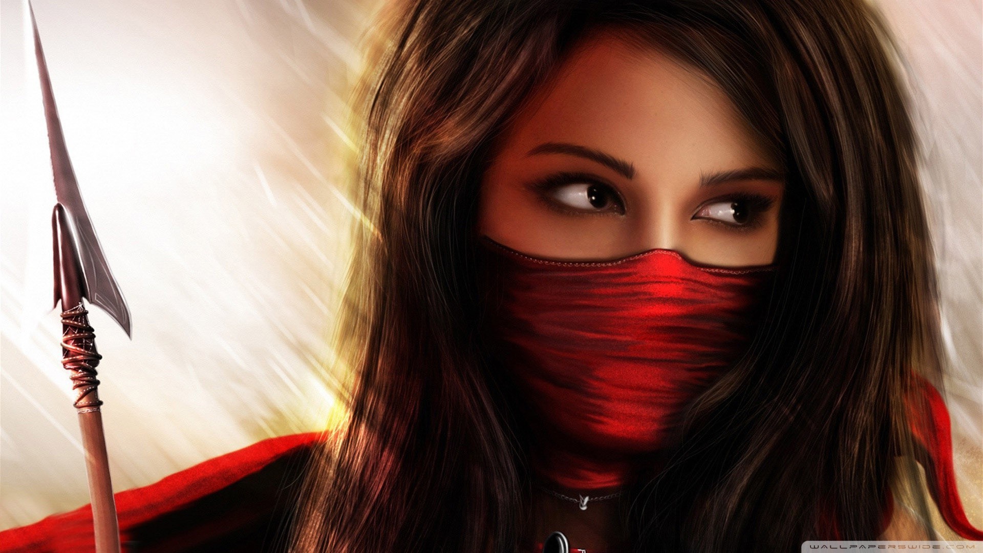 Kunoichi, Donna ninja, Maschera rossa, Lancia, 16:9 Full HD, sfondo widescreen