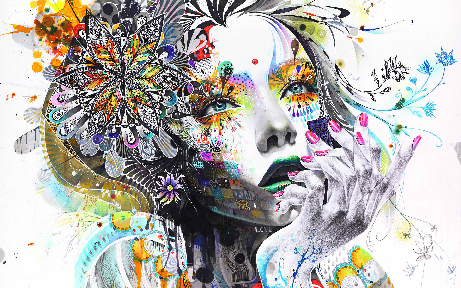 Volto di donna, Mandala, Arte digitale, Illustrazione, 16:10 Full HD, wallpaper widescreen