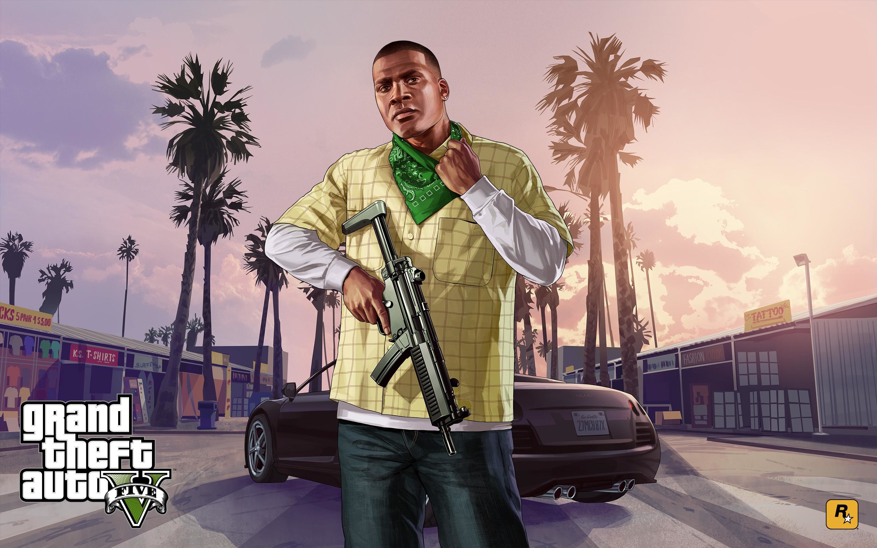 Grand Theft Auto V, Gangster, Palme, Fucile, 2K, sfondo desktop