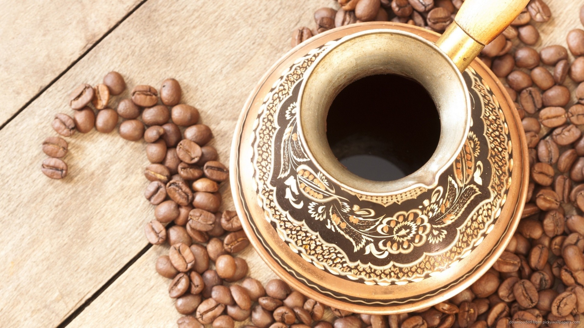 Caffè turco, Cezve, Chicchi di caffè, Ottone decorato, 1920x1080, sfondo per PC