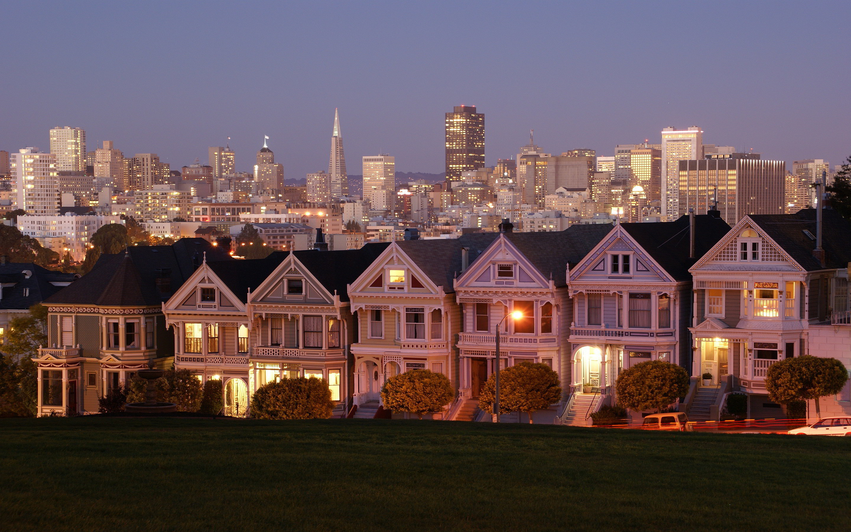 Painted Ladies, Alamo Square, San Francisco, Skyline, Crepuscolo, wallpaper per portatile