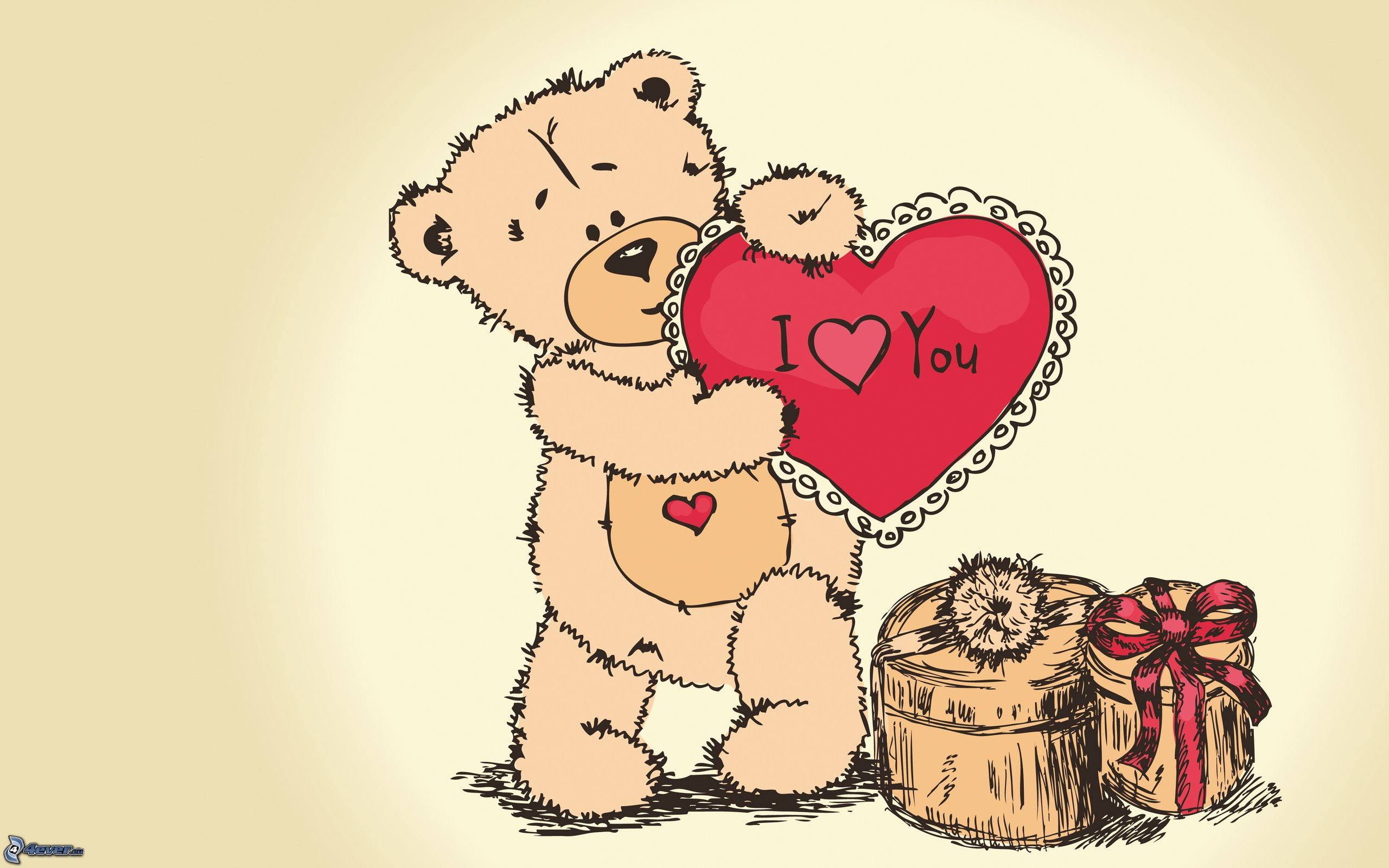 Orsacchiotto, I Love You, Cuore, Regali, Illustrazione, 2K, sfondo desktop