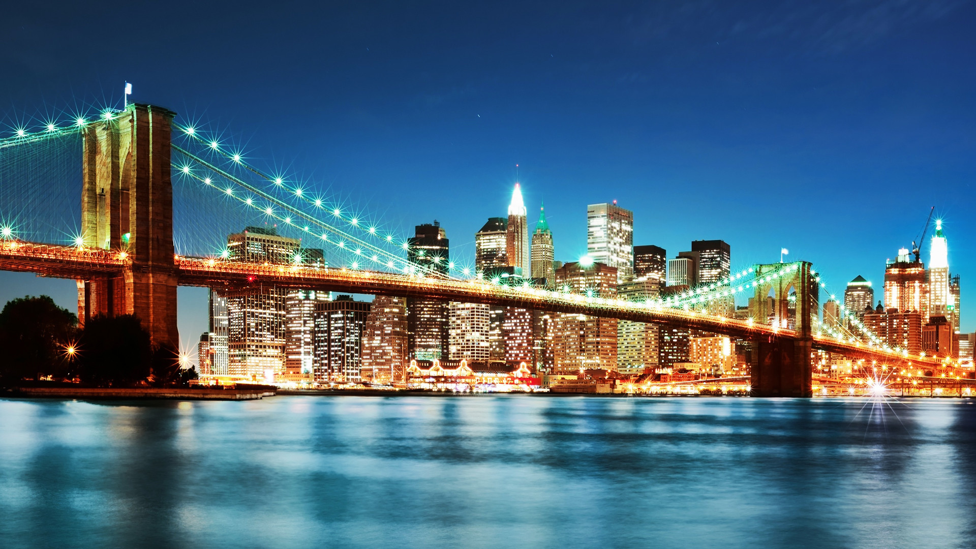 Ponte di Brooklyn, Lower Manhattan, Notte, Riflessi, Full HD 1080p, sfondo desktop