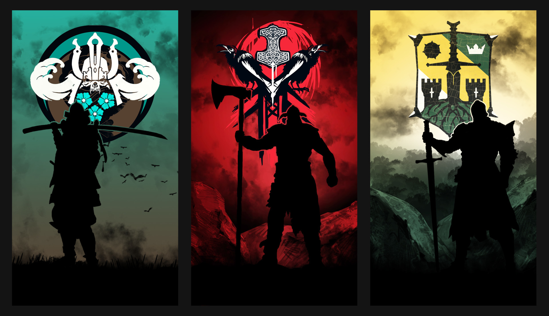 For Honor, Samurai, Vichinghi, Cavalieri, Emblemi, Silhouette, Full HD, sfondo per portatile