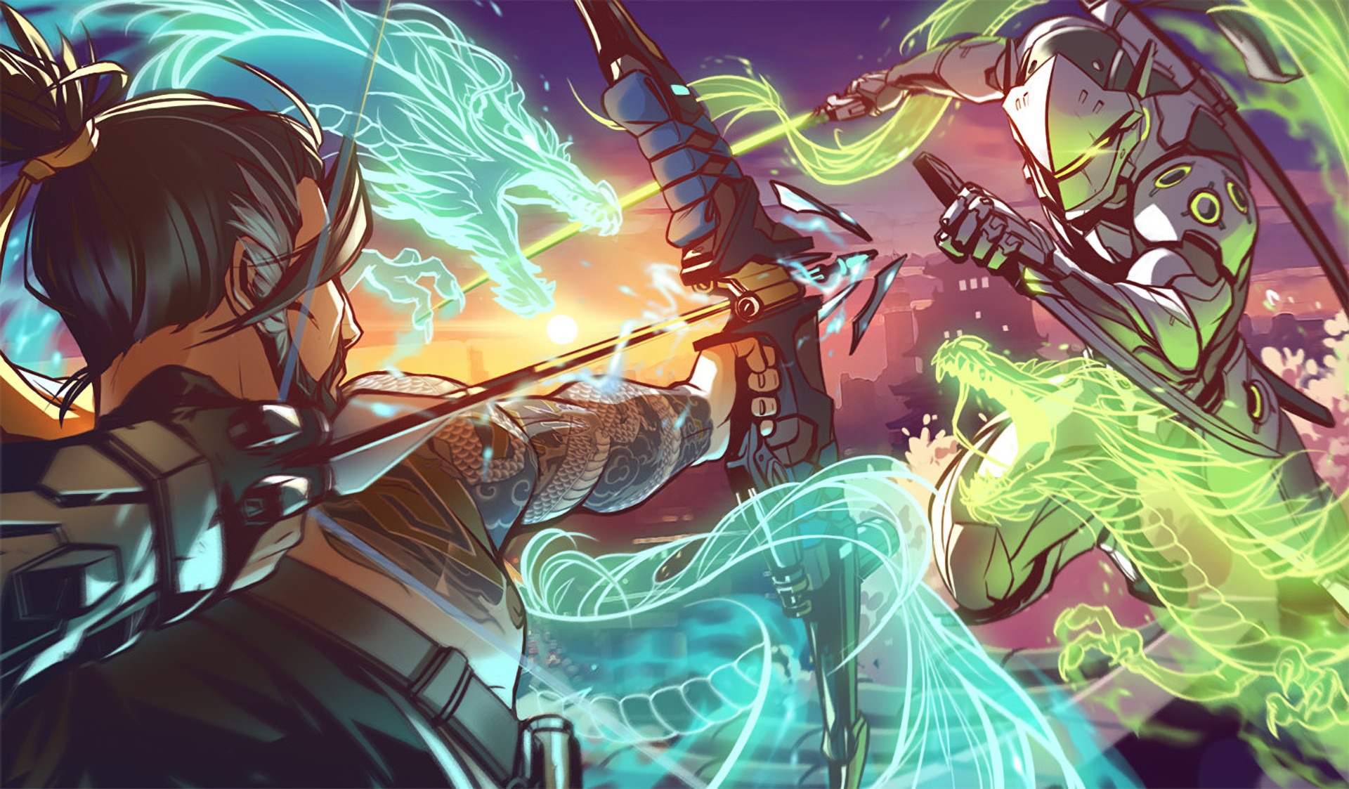 Hanzo, Genji, Overwatch, Draghi, Full HD, sfondo per portatile