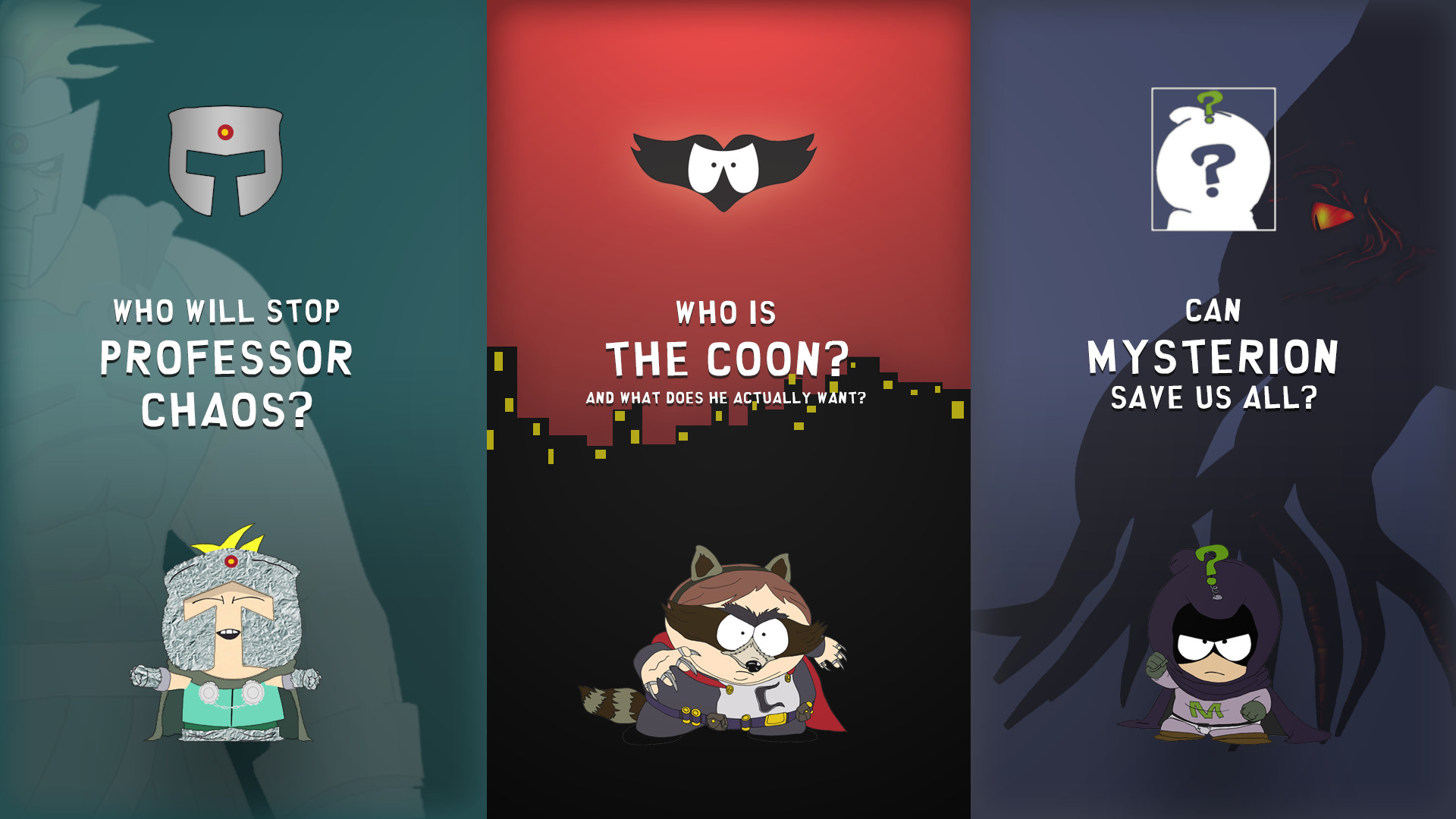 South Park: Scontri Di-retti, Professor Caos, Il Procione, Mysterion, Trittico, sfondo 1080p
