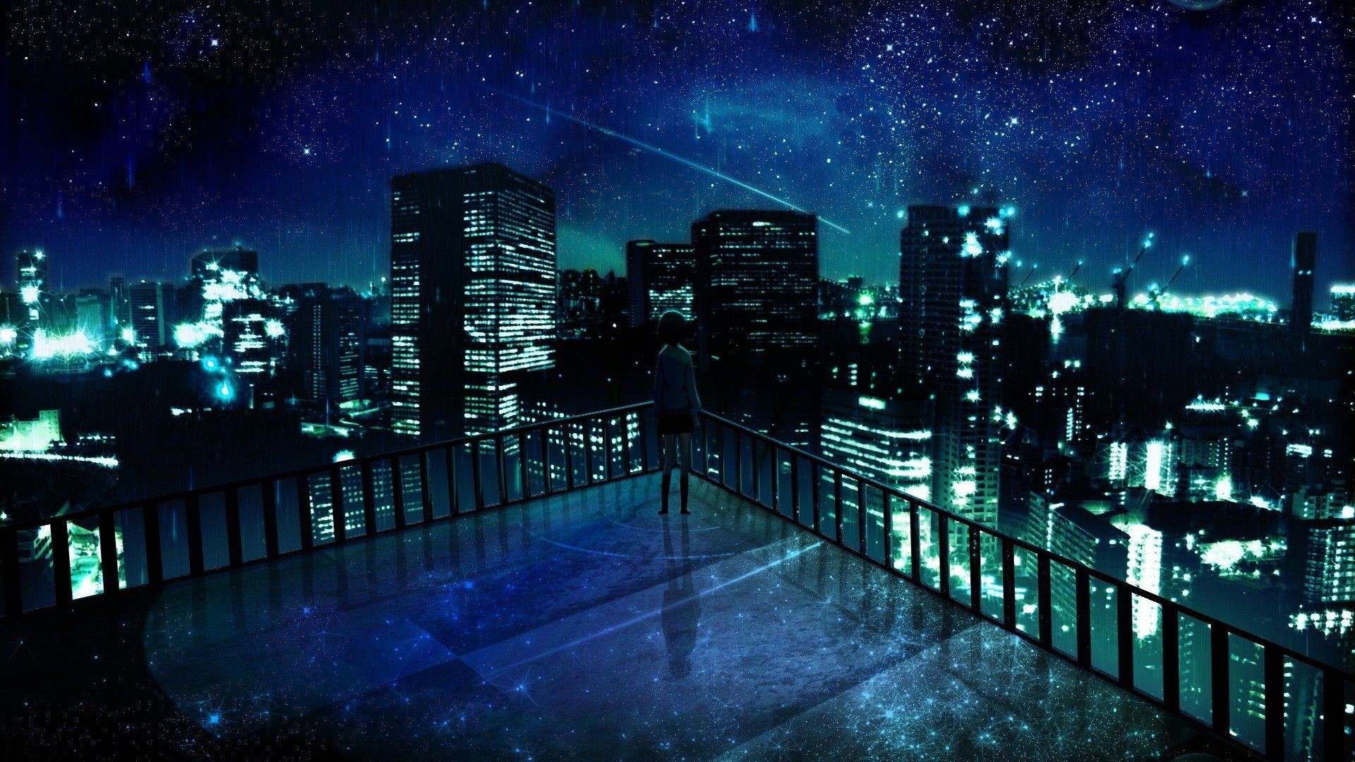 Paesaggio anime, Città notturna, Cielo stellato, Ponte, 16:9 Full HD, sfondo widescreen