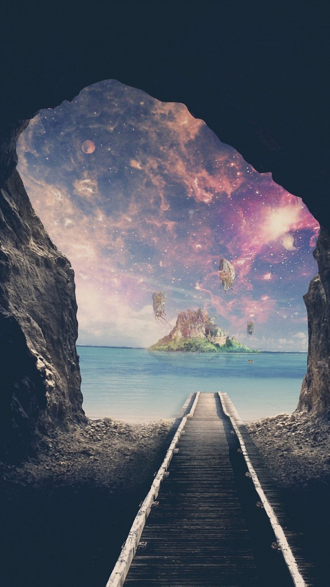 Arte surreale, Grotta, Binari, Nebulosa, Mare, Isola, sfondo iPhone 6S Full HD