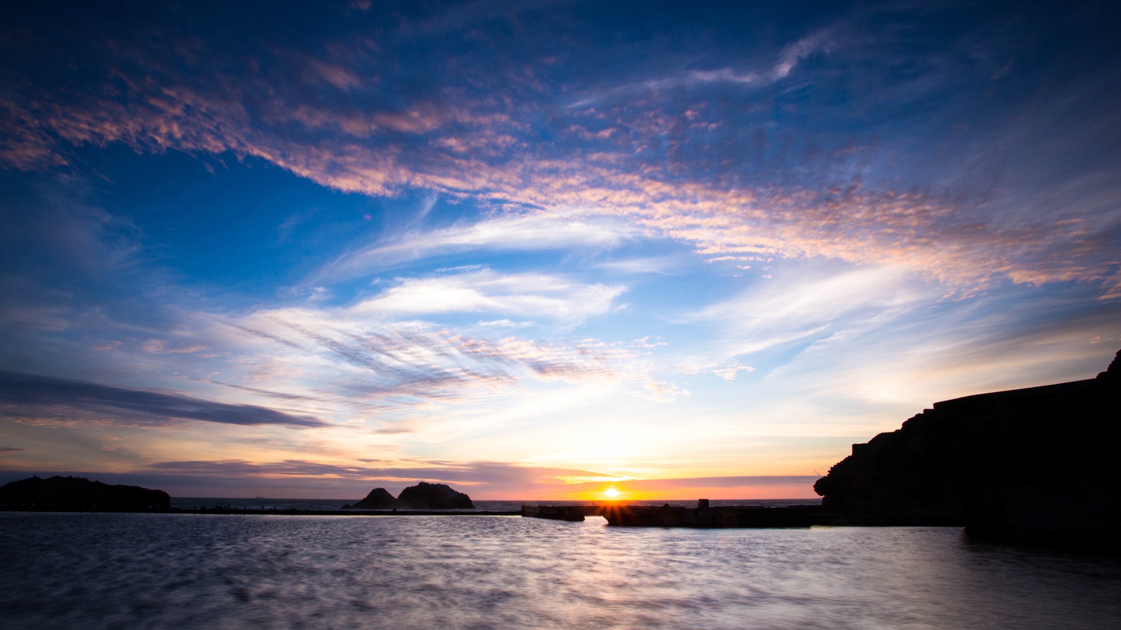 Tramonto, Lago, Nuvole, Cielo blu, 4K, sfondo desktop