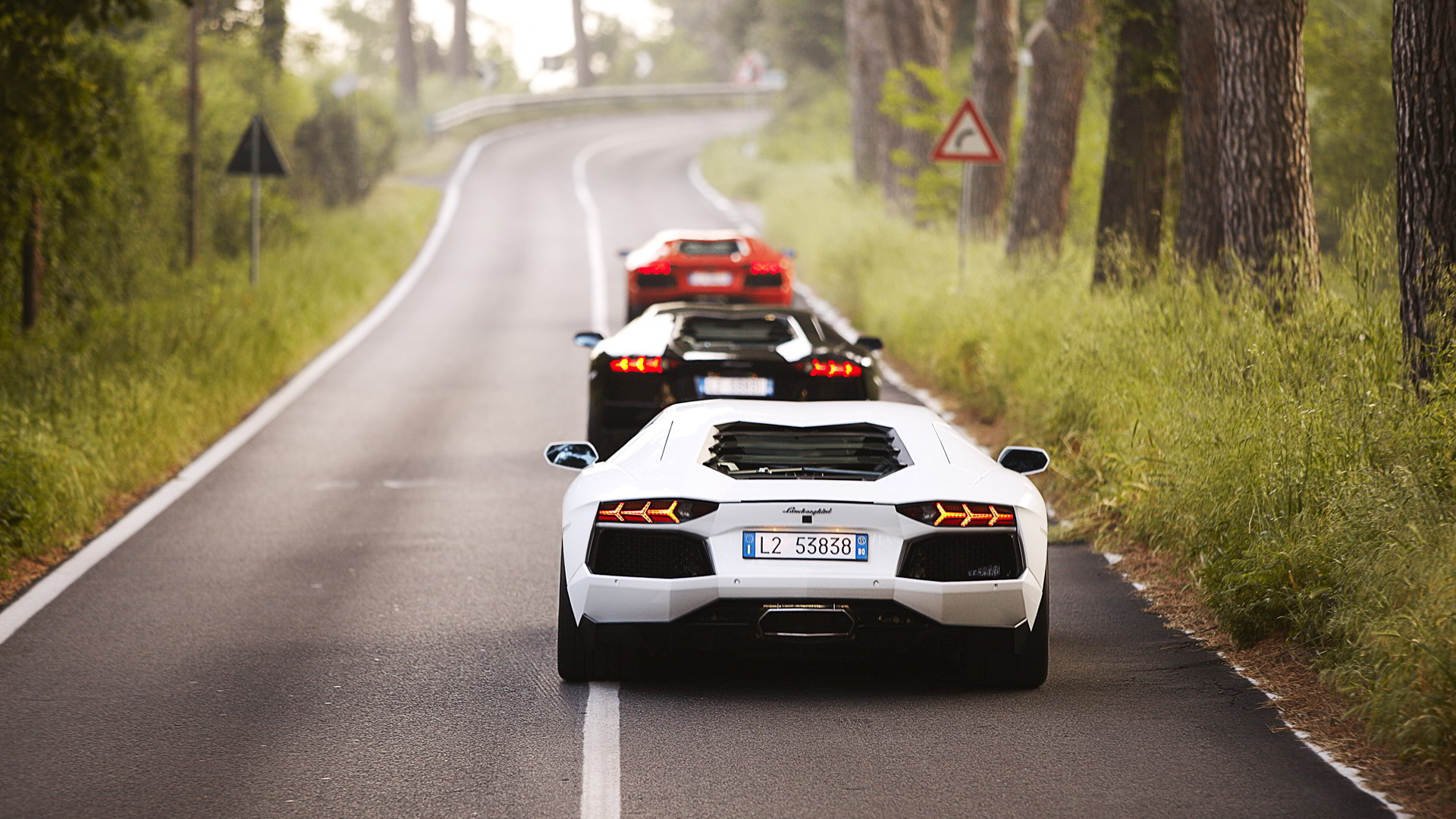 Lamborghini Aventador, Strada di campagna, Convoglio, Bianco, 16:9 Full HD, sfondo widescreen