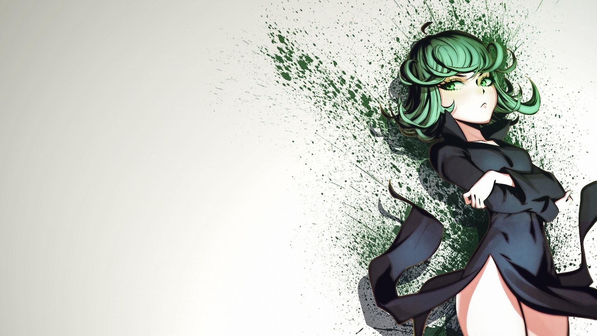 Tatsumaki, One Punch Man, Schizzi verdi, Sfondo bianco, Full HD, wallpaper per PC