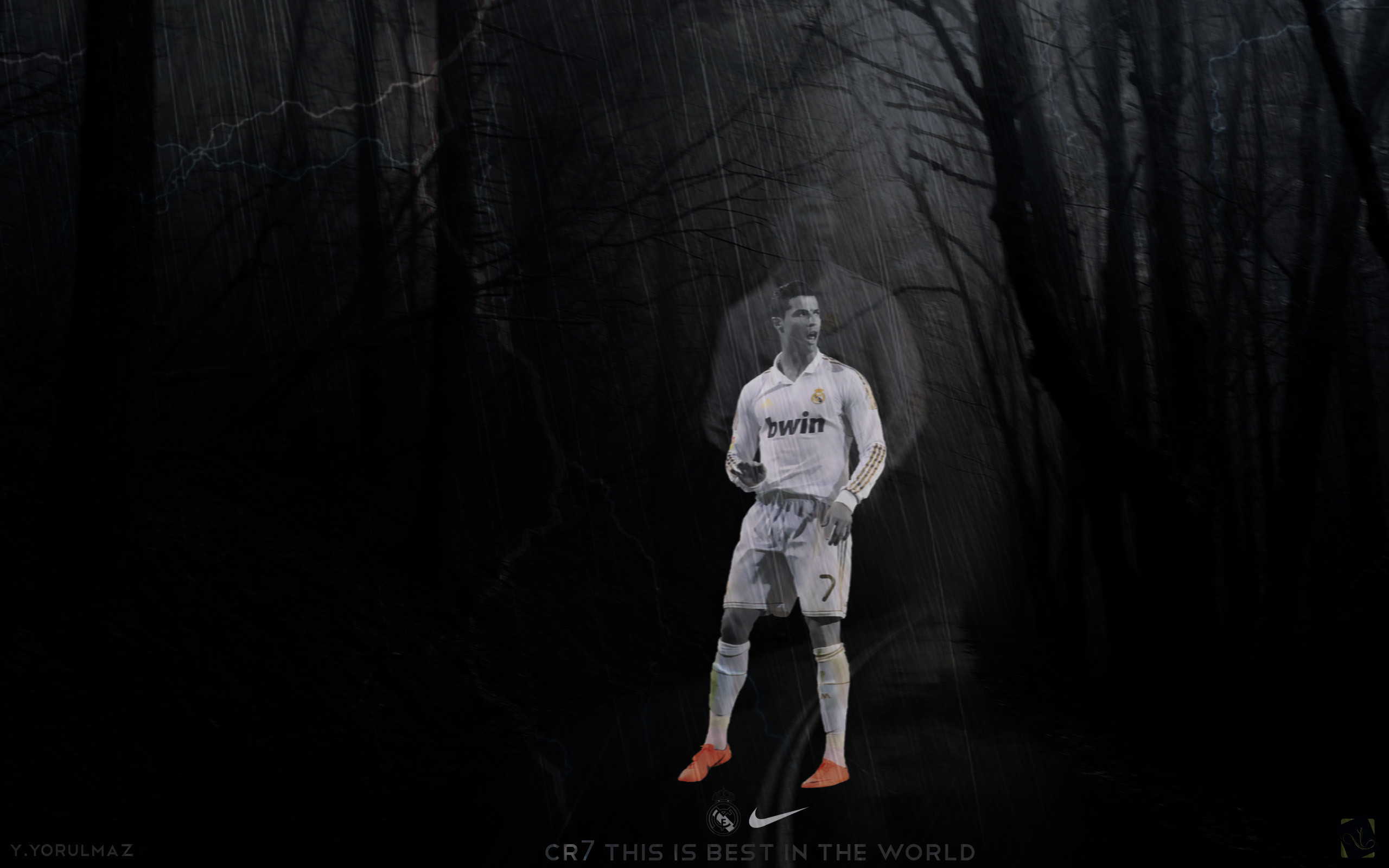 Cristiano Ronaldo, Real Madrid, Foresta buia, CR7, 2K, sfondo per portatile