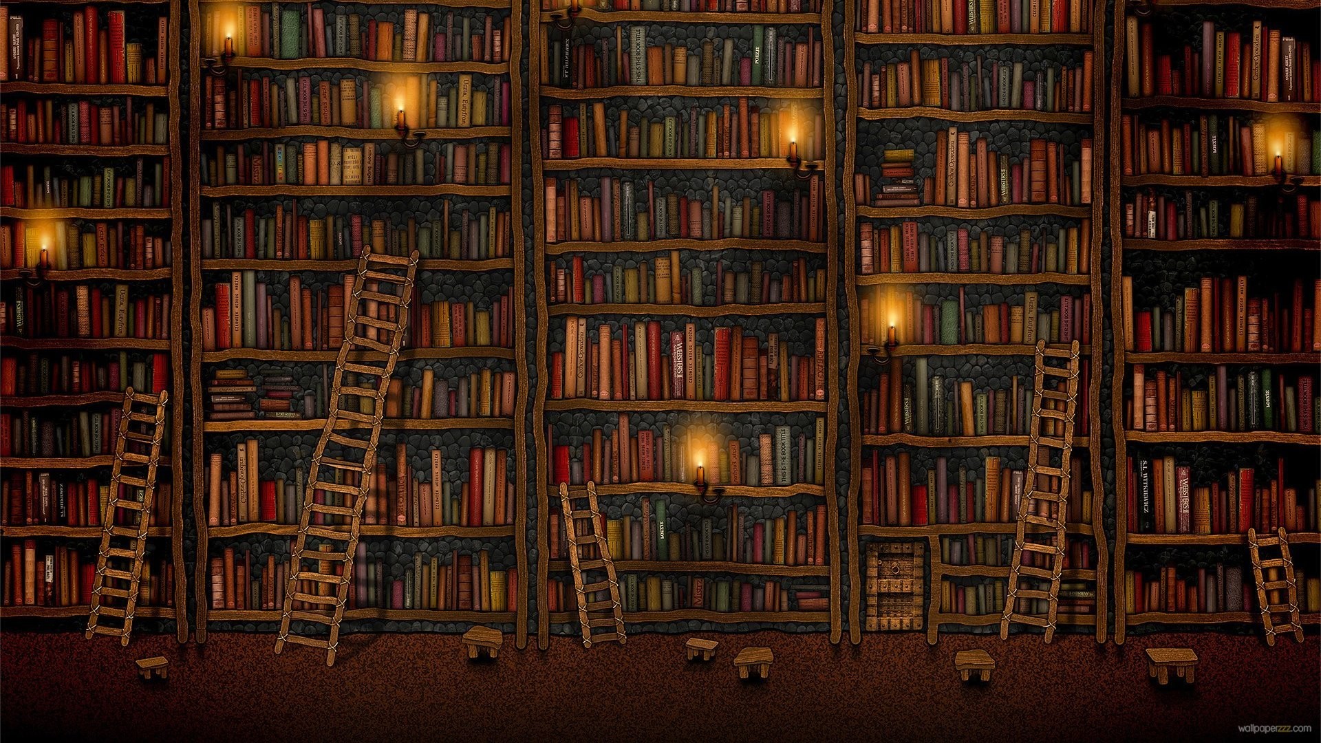 Biblioteca, Scale a pioli, Candele, Illustrazione, Full HD, sfondo per PC e portatile