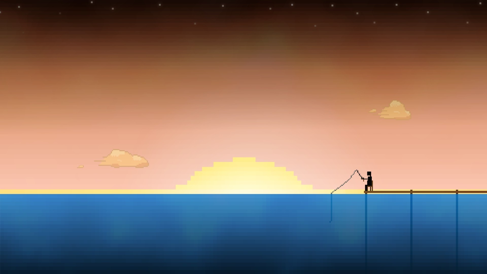 Pixel art, Tramonto, Pescatore, Molo, Mare, Full HD, sfondo per PC e portatile