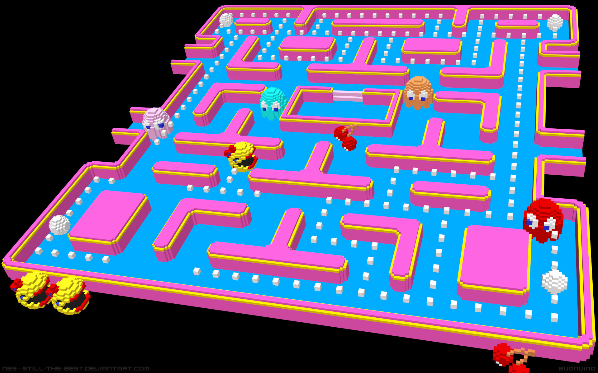 Pac-Man, Labirinto 3D, Rosa e azzurro, Fantasmi, Rendering 3D, 1920x1200, sfondo MacBook Pro