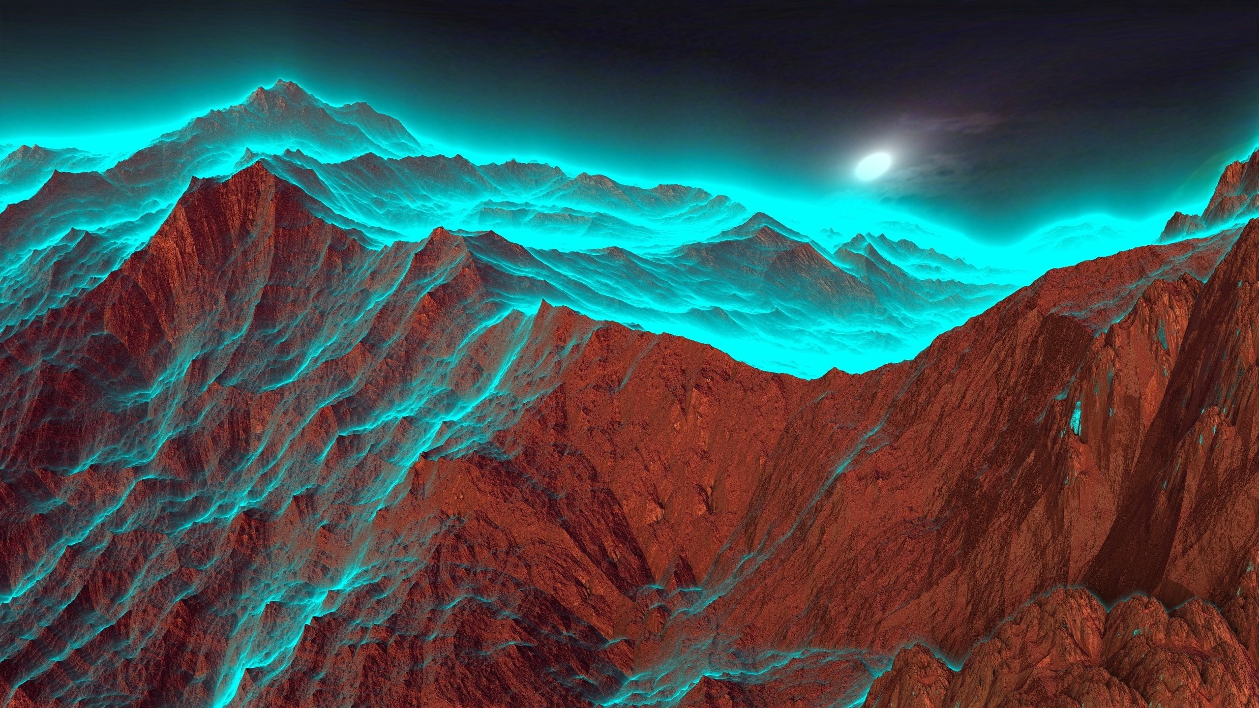 Montagne, Arte digitale, Rosso e azzurro, Surreale, 2560x1440, sfondo per PC