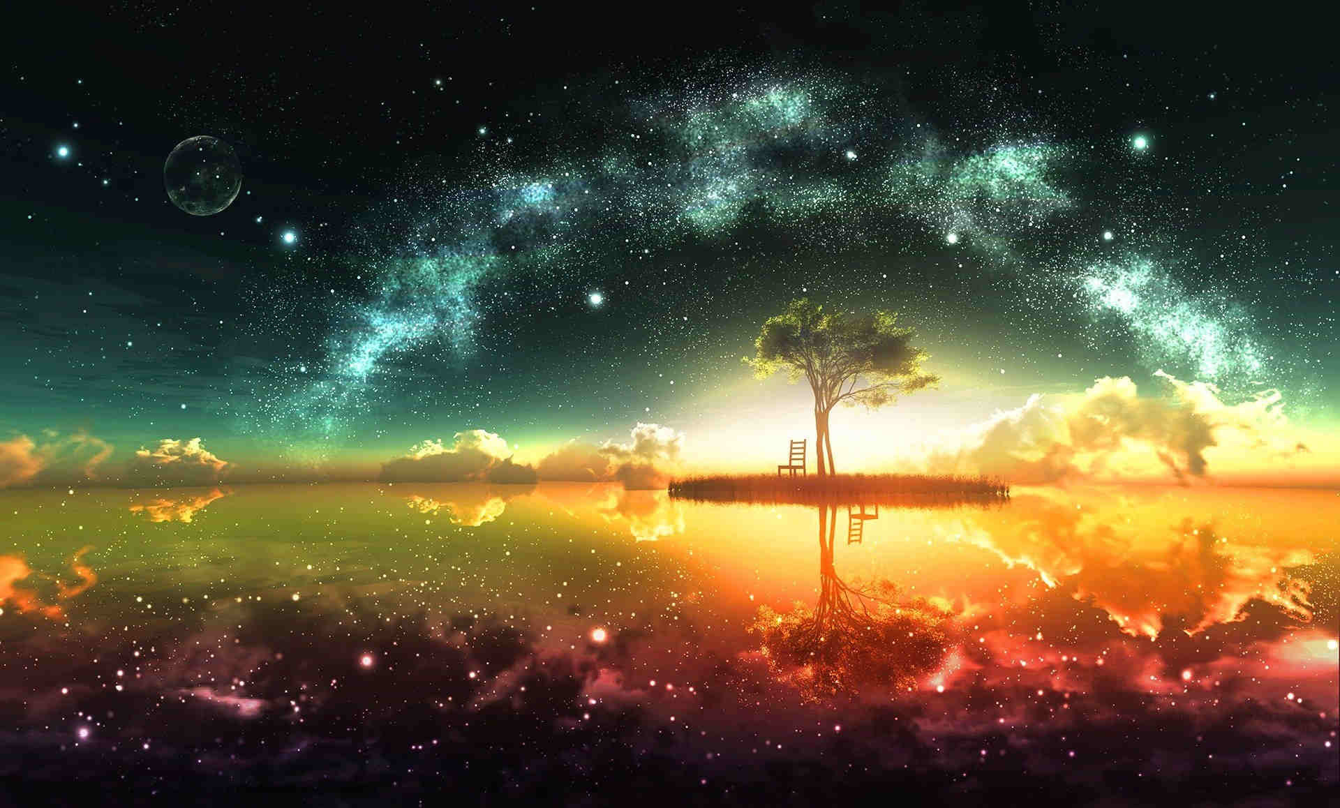 Albero, Galassia, Isola fluttuante, Riflesso, Arte digitale, Full HD, sfondo per PC
