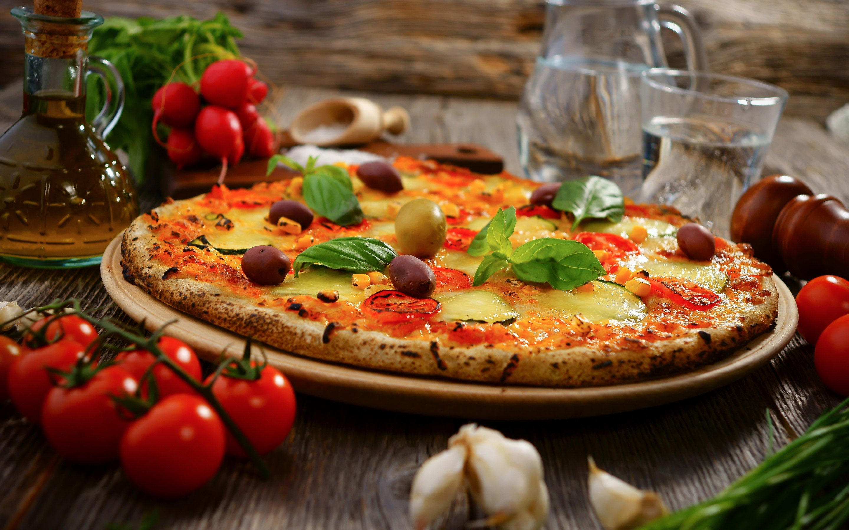 Pizza, Pomodorini, Basilico, Aglio, Olio d'oliva, 2880x1800, wallpaper desktop