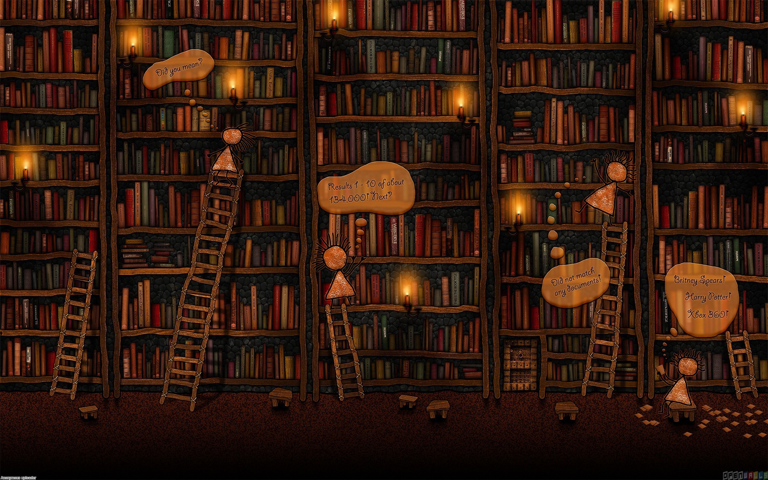 Biblioteca, Scale a pioli, Illustrazione, Candele, 2K, sfondo per portatile