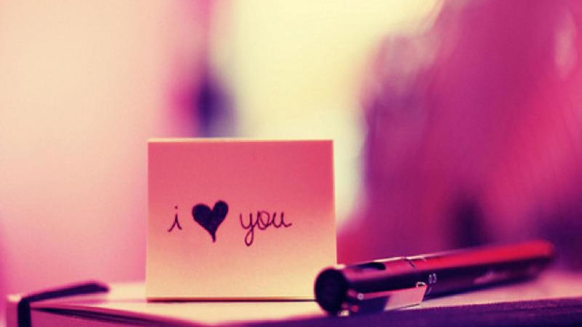 I love you, Biglietto, Penna, Rosa, Full HD, wallpaper per computer
