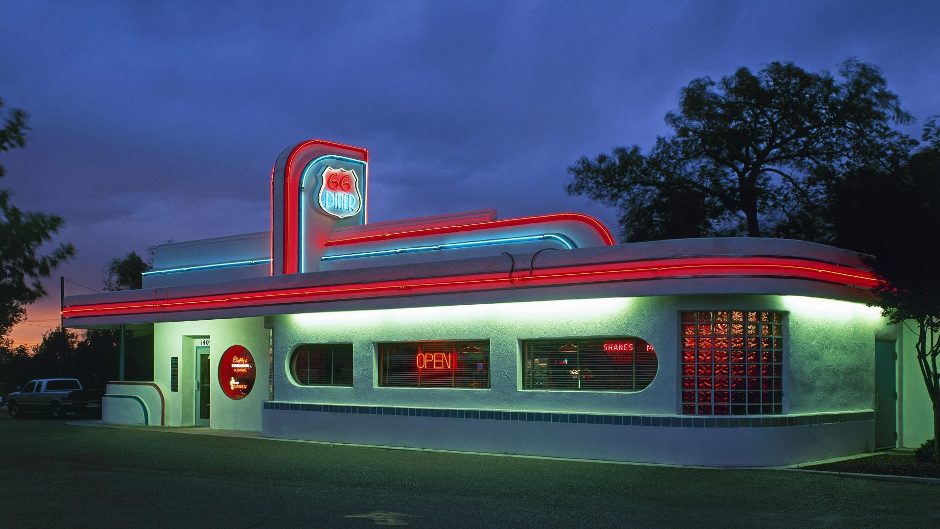 Route 66 Diner, Diner anni '50, Neon, Crepuscolo, 1920x1080, sfondo per PC