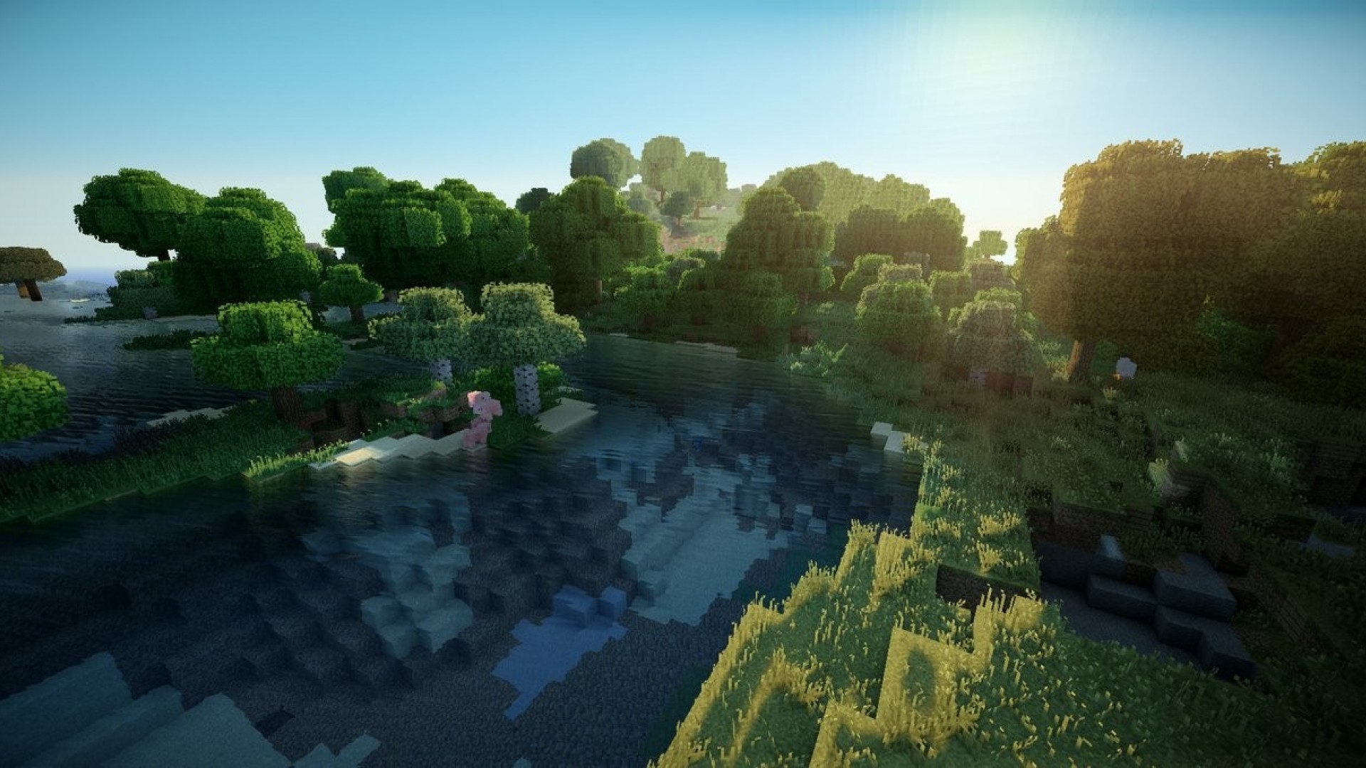 Minecraft, Foresta, Fiume, Shader, Full HD, sfondo per PC e portatile