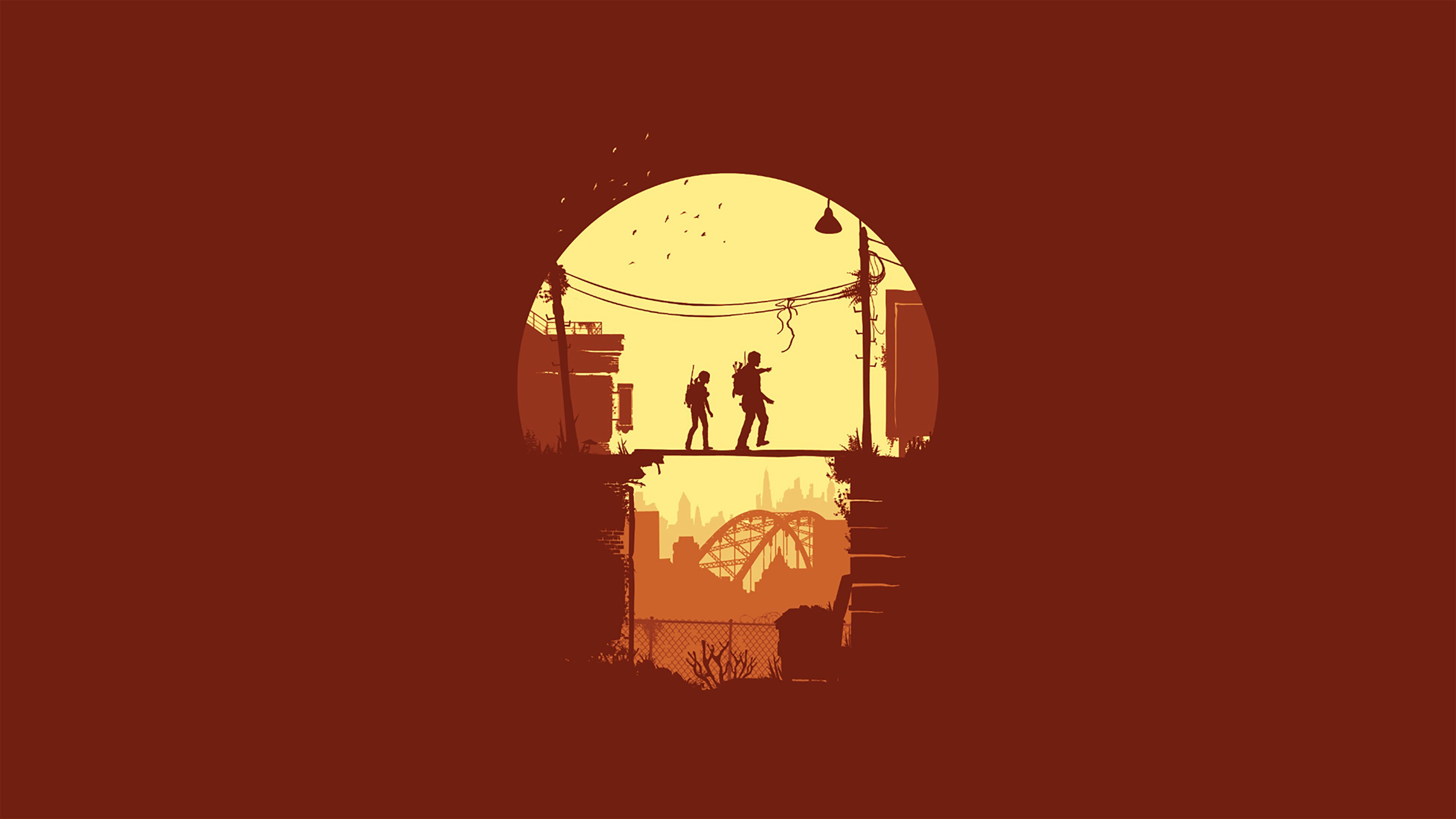 The Last of Us, Joel, Ellie, Silhouette, Minimalista, Rosso mattone, sfondo desktop 4K