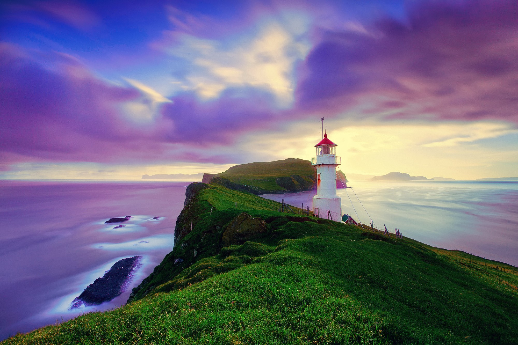 Faro, Islanda, Scogliera, Cielo viola, Full HD, sfondo per PC