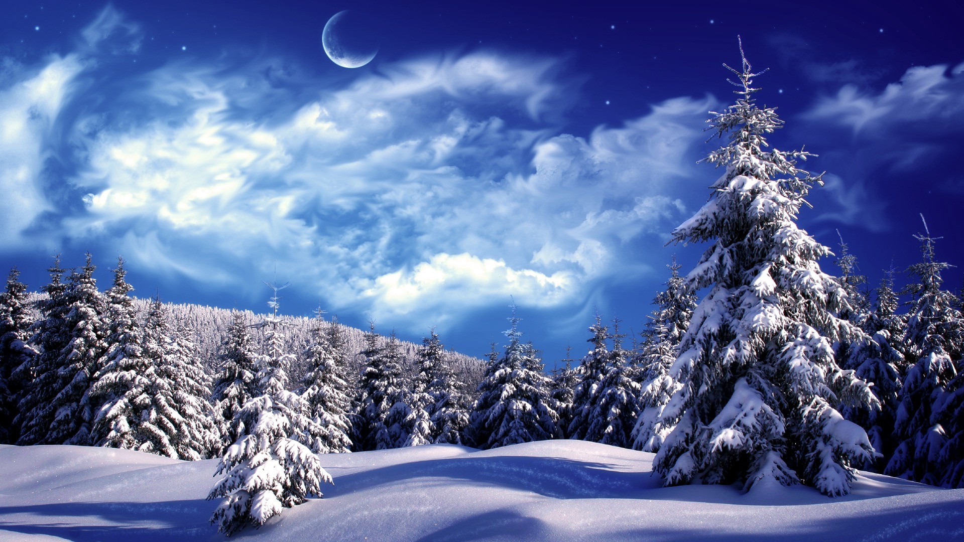 Abeti innevati, Luna, Nuvole, Notte, 1920x1080, wallpaper desktop