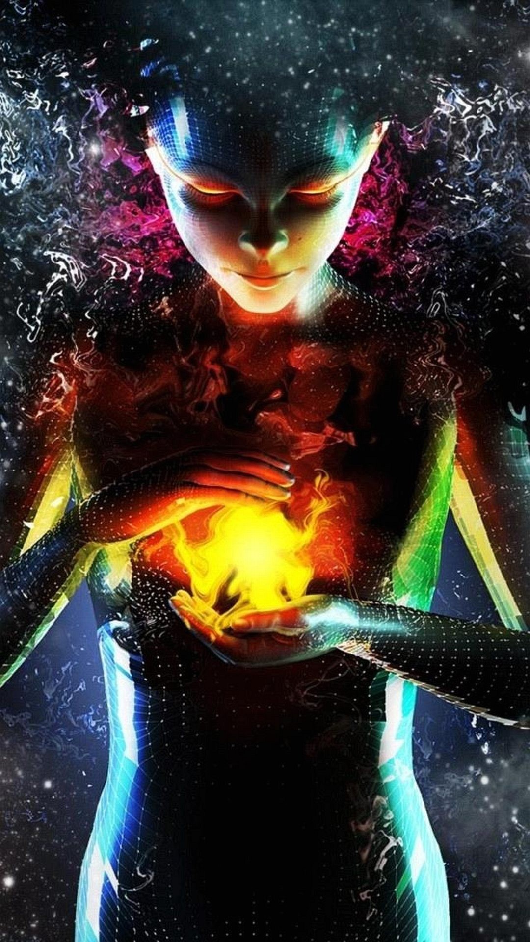 Ragazza fantasy, Sfera di fuoco, Arte digitale, sfondo per cellulare, iPhone e Android