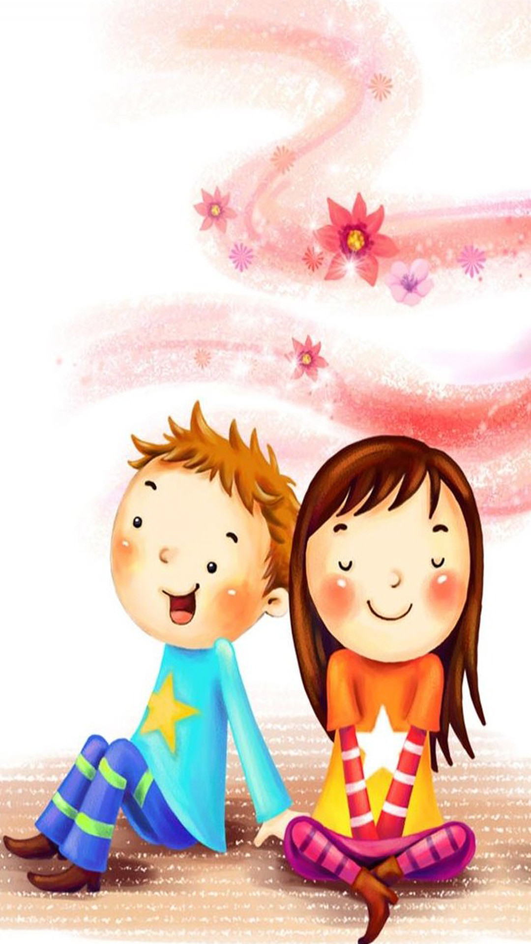 Bambini, Coppia, Disegno, Fiori rosa, Full HD, sfondo verticale per cellulare