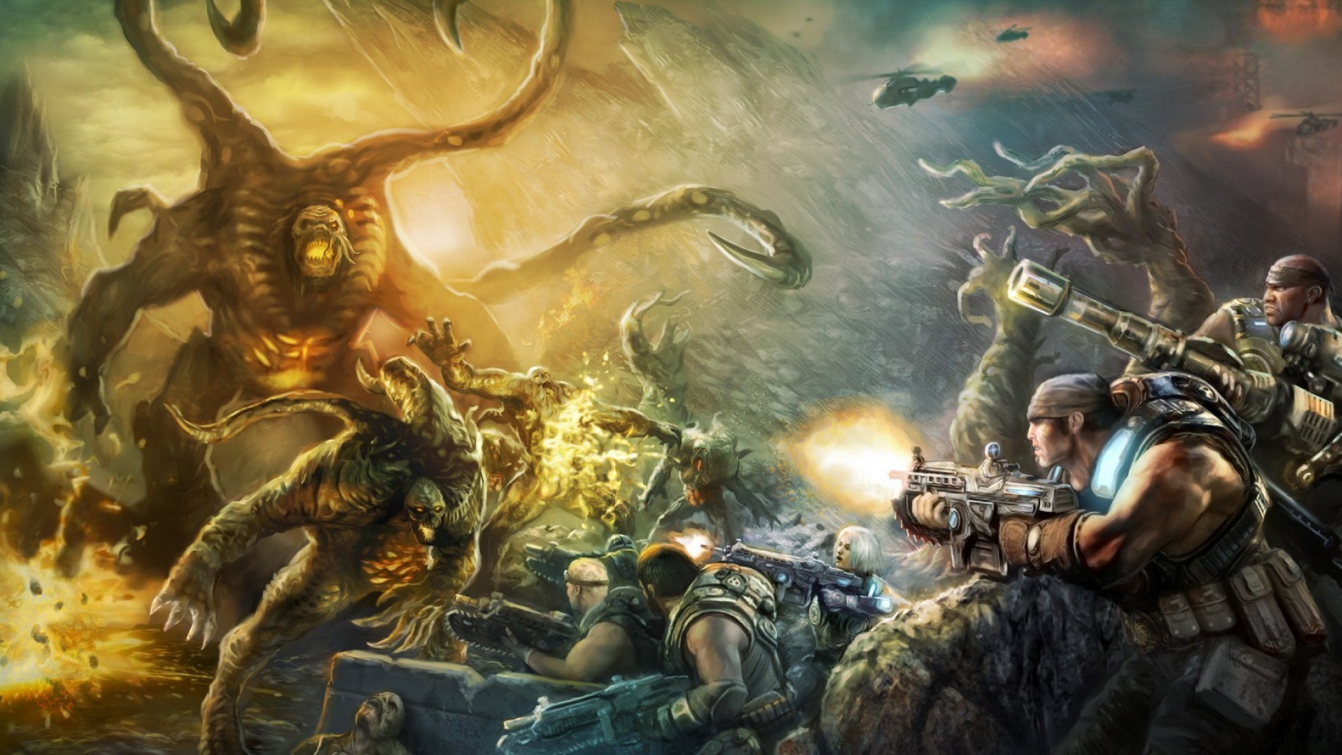 Gears of War, Soldati, Mostri, Battaglia, Videogioco, 1920x1080, sfondo per PC