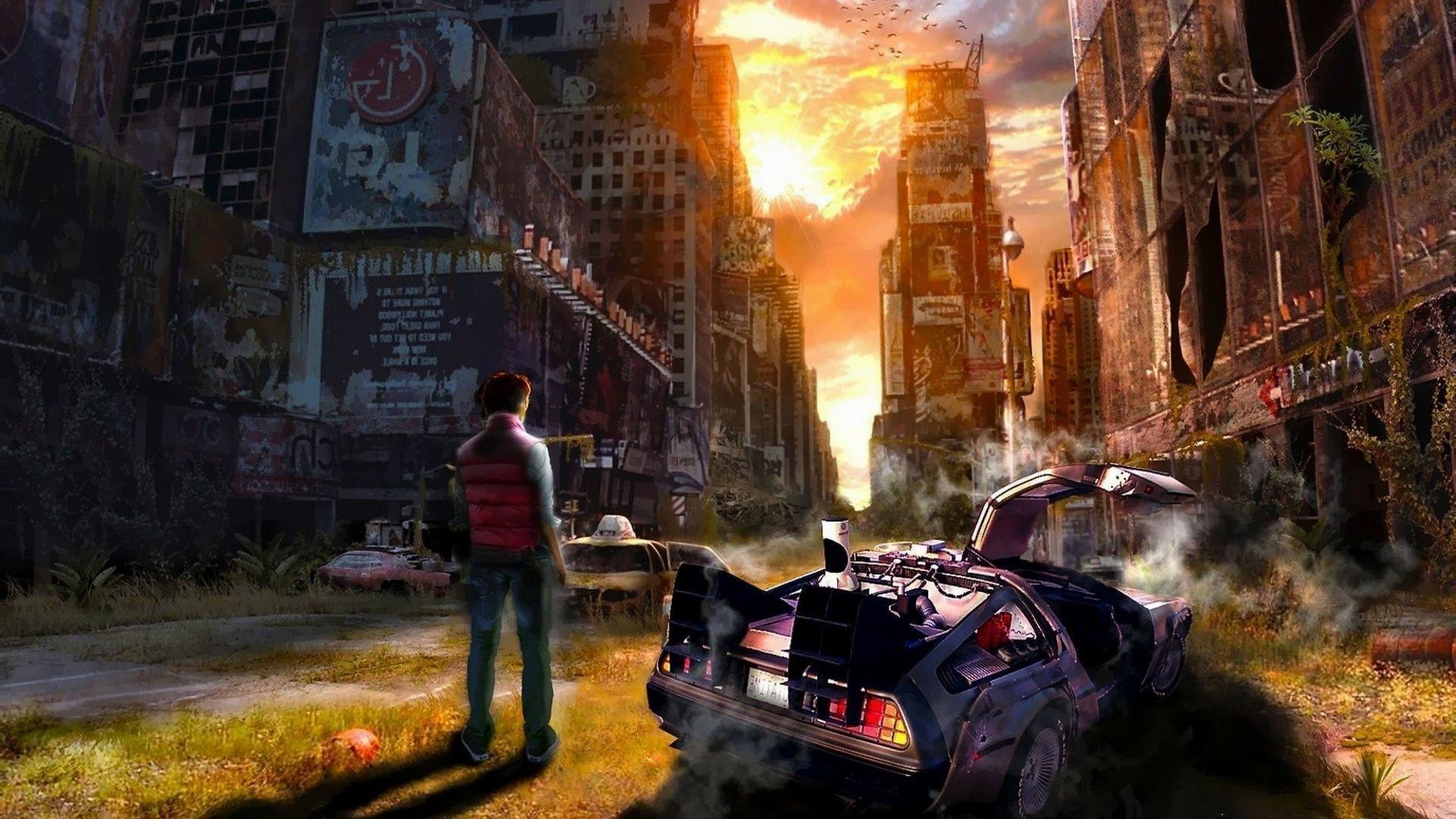 Marty McFly, DeLorean DMC-12, Ritorno al futuro, Città in rovina, sfondo Full HD per portatile