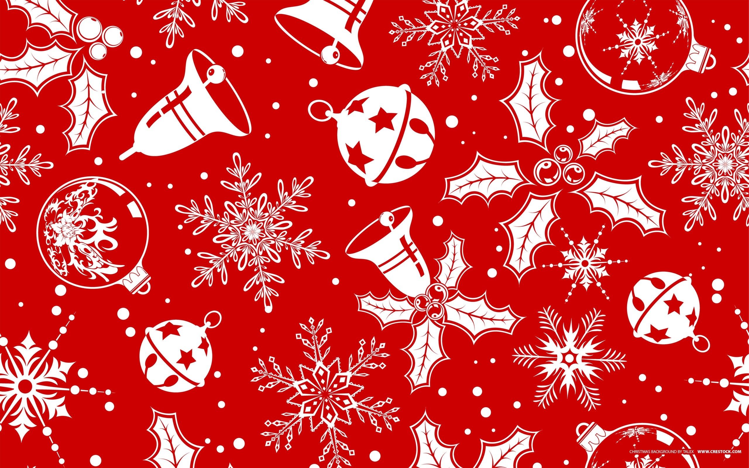 Motivo natalizio, Campanelle, Agrifoglio, Fiocchi di neve, Rosso, sfondo desktop 2560x1600