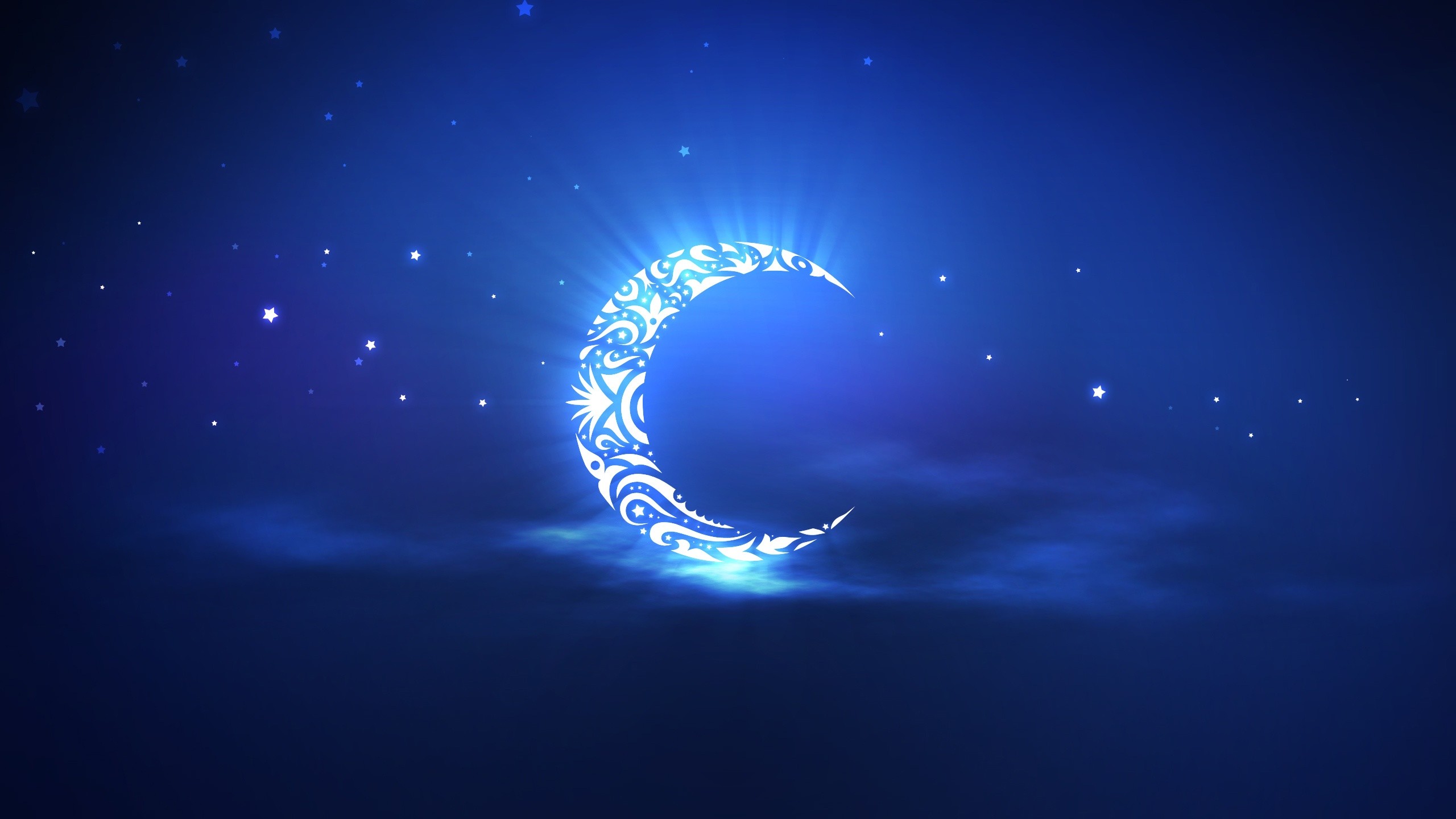 Luna crescente, Ornamento, Stelle, Blu, 2K, sfondo per portatile