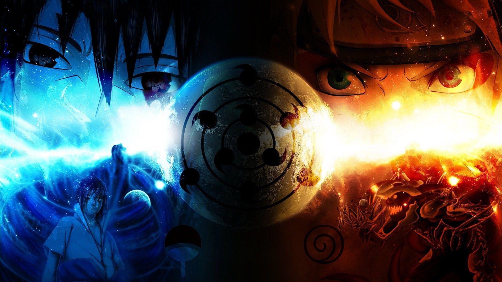 Sasuke Uchiha, Naruto Uzumaki, Rinnegan, Naruto, Blu e arancione, sfondo desktop 1080p
