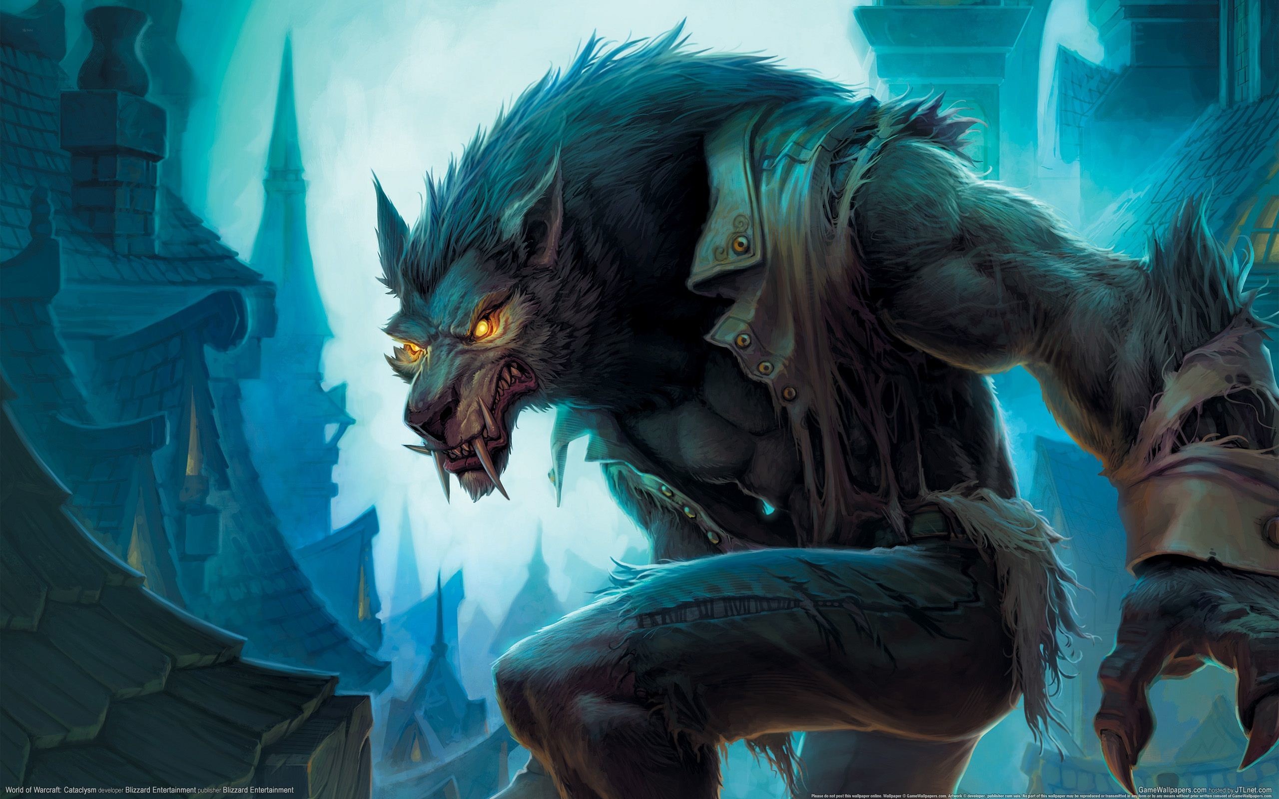 Worgen, World of Warcraft, Lupo mannaro, Notte, Città gotica, 2K, sfondo desktop