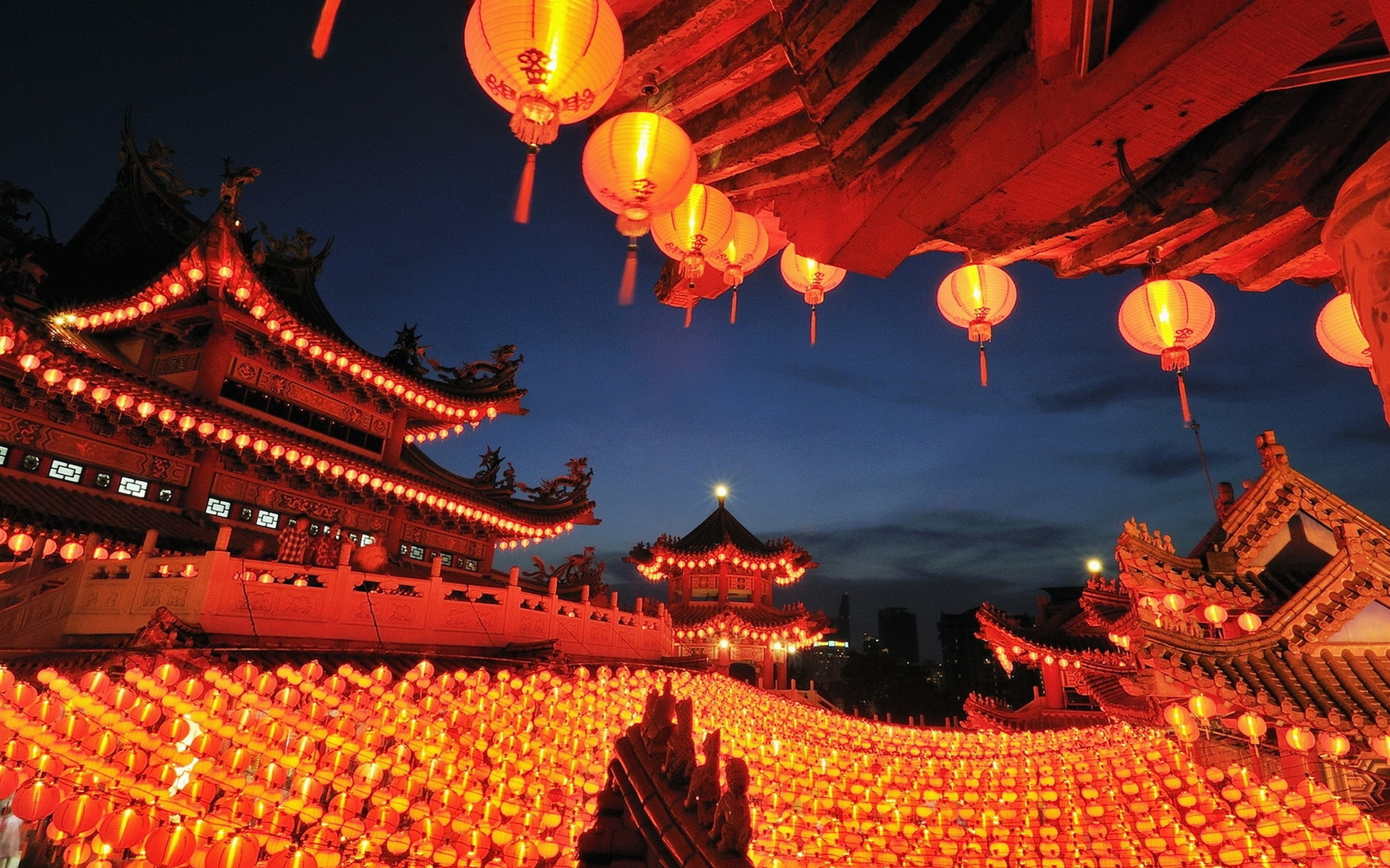 Capodanno cinese, Cina, Lanterne rosse, Tempio, Notte, Full HD, sfondo desktop