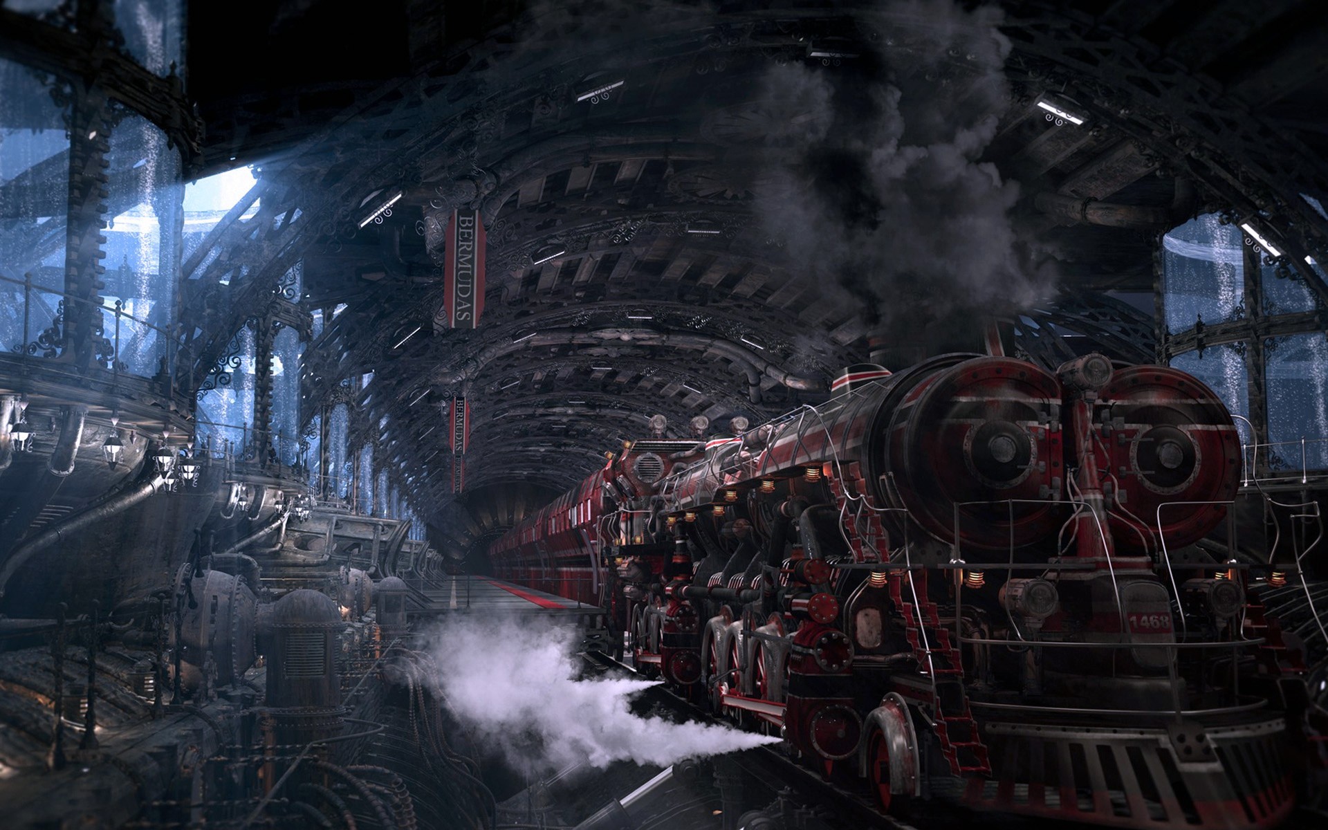 Locomotiva a vapore, Stazione, Fumo, Steampunk, 16:10 Full HD, sfondo widescreen
