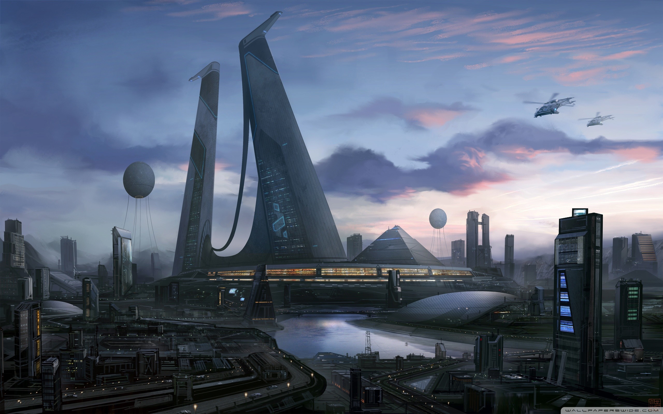 Città futuristica, Grattacieli, Astronavi, Monorotaia, Fantascienza, sfondo 2K per portatile