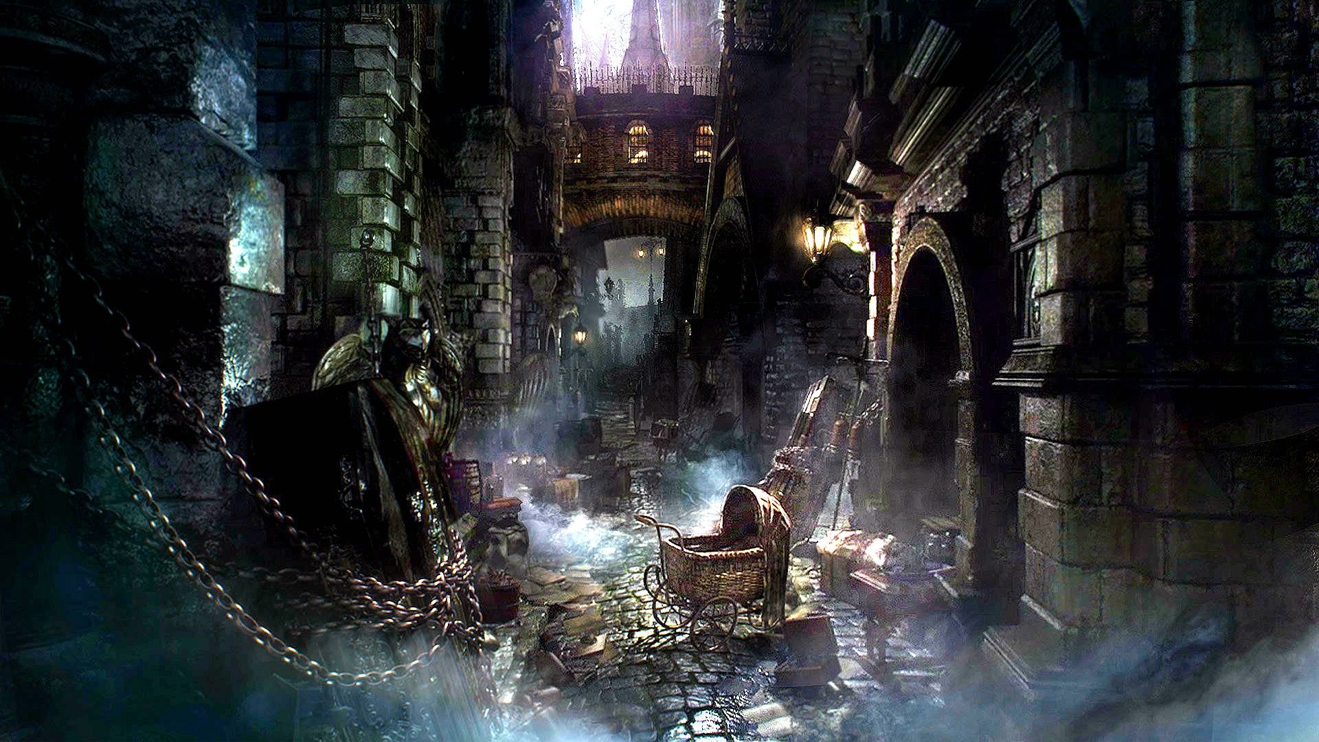 Bloodborne, Catene, Interno gotico, Toni blu, 1920x1080, immagine di sfondo
