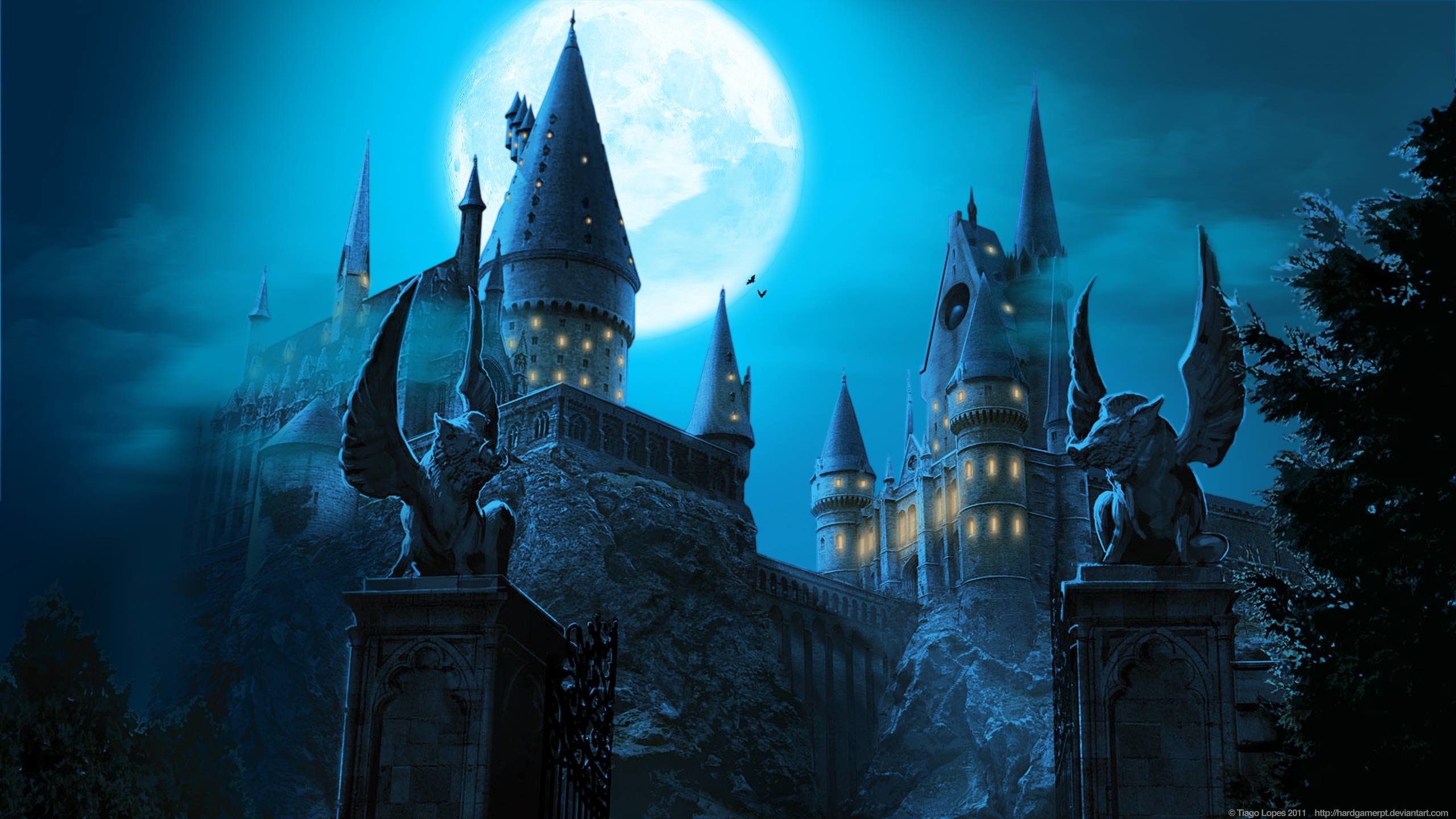 Castello di Hogwarts, Luna piena, Gargoyle, Notte, 2K, sfondo per PC