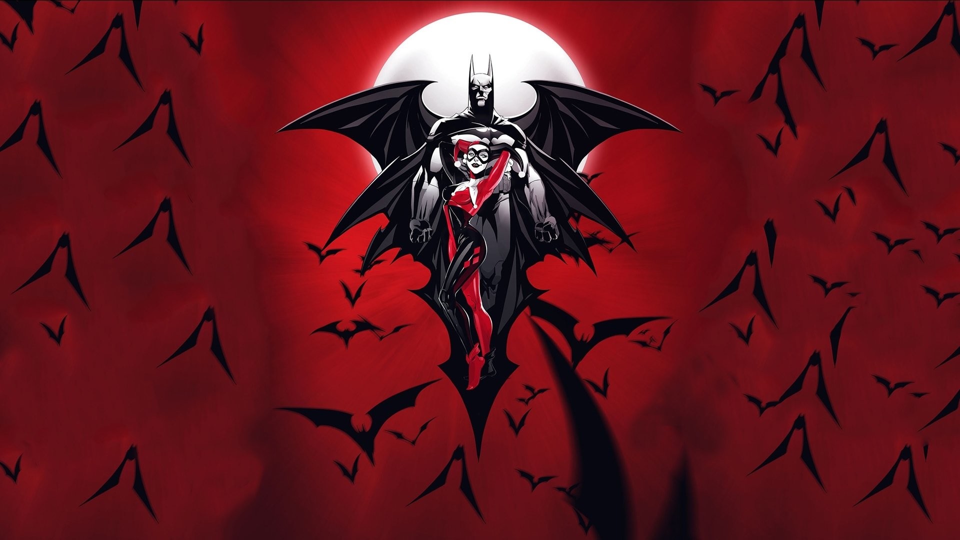 Harley Quinn, Batman, Pipistrelli, Luna, Rosso, Full HD, sfondo Windows 11