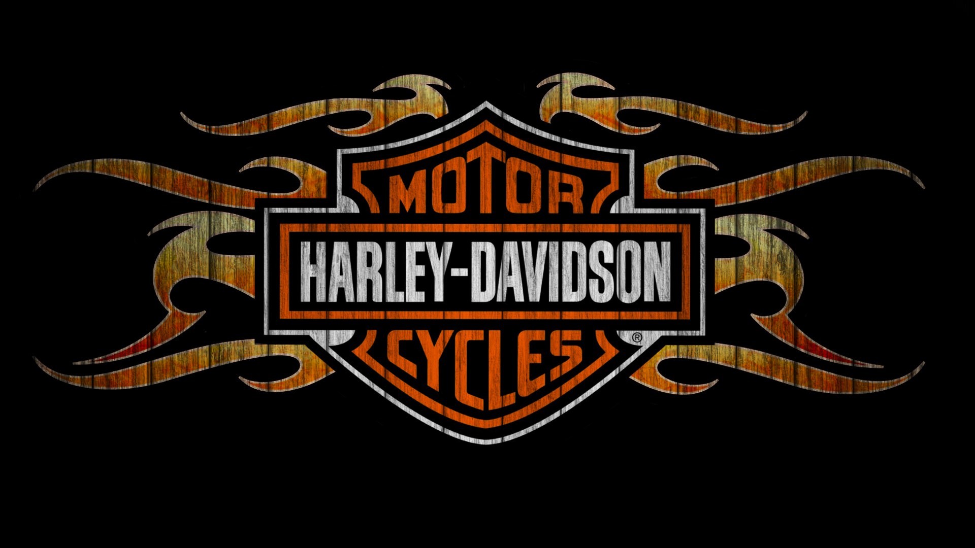 Harley-Davidson, Logo Bar & Shield, Fiamme tribali, Sfondo nero, Arancione, wallpaper per portatile