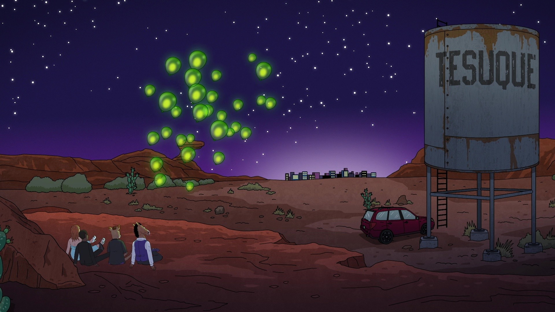 BoJack Horseman, Tesuque, Deserto, Notte, Fuochi d'artificio, Full HD, sfondo per PC e portatile