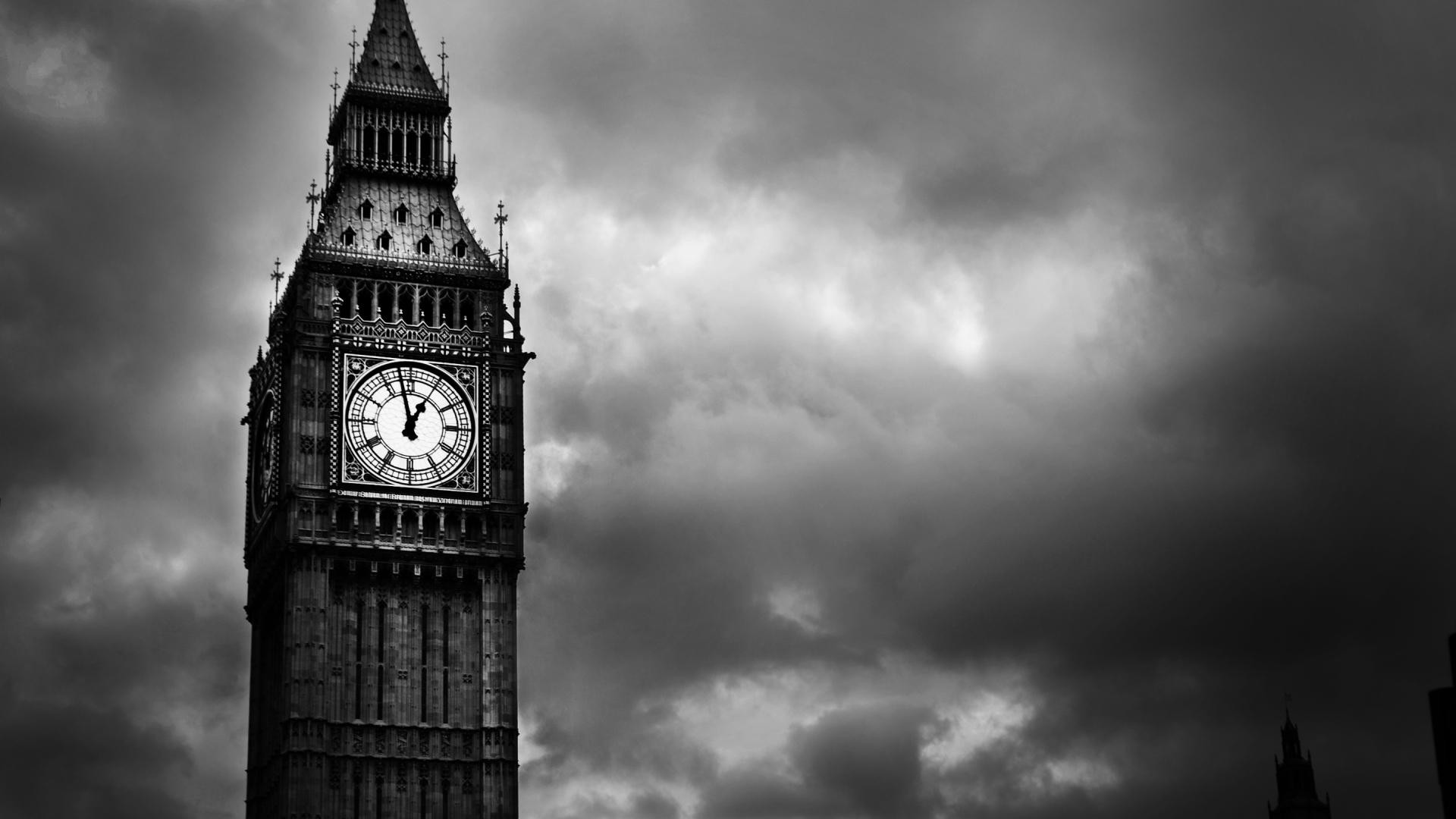 Big Ben, Londra, Cielo nuvoloso, Bianco e nero, 16:9 Full HD, sfondo widescreen