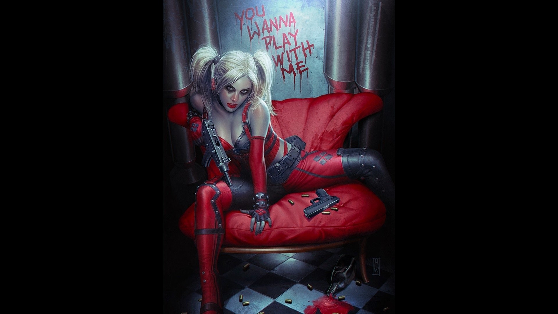 Harley Quinn, Poltrona, Fan art, Rosso e nero, Full HD, wallpaper per PC