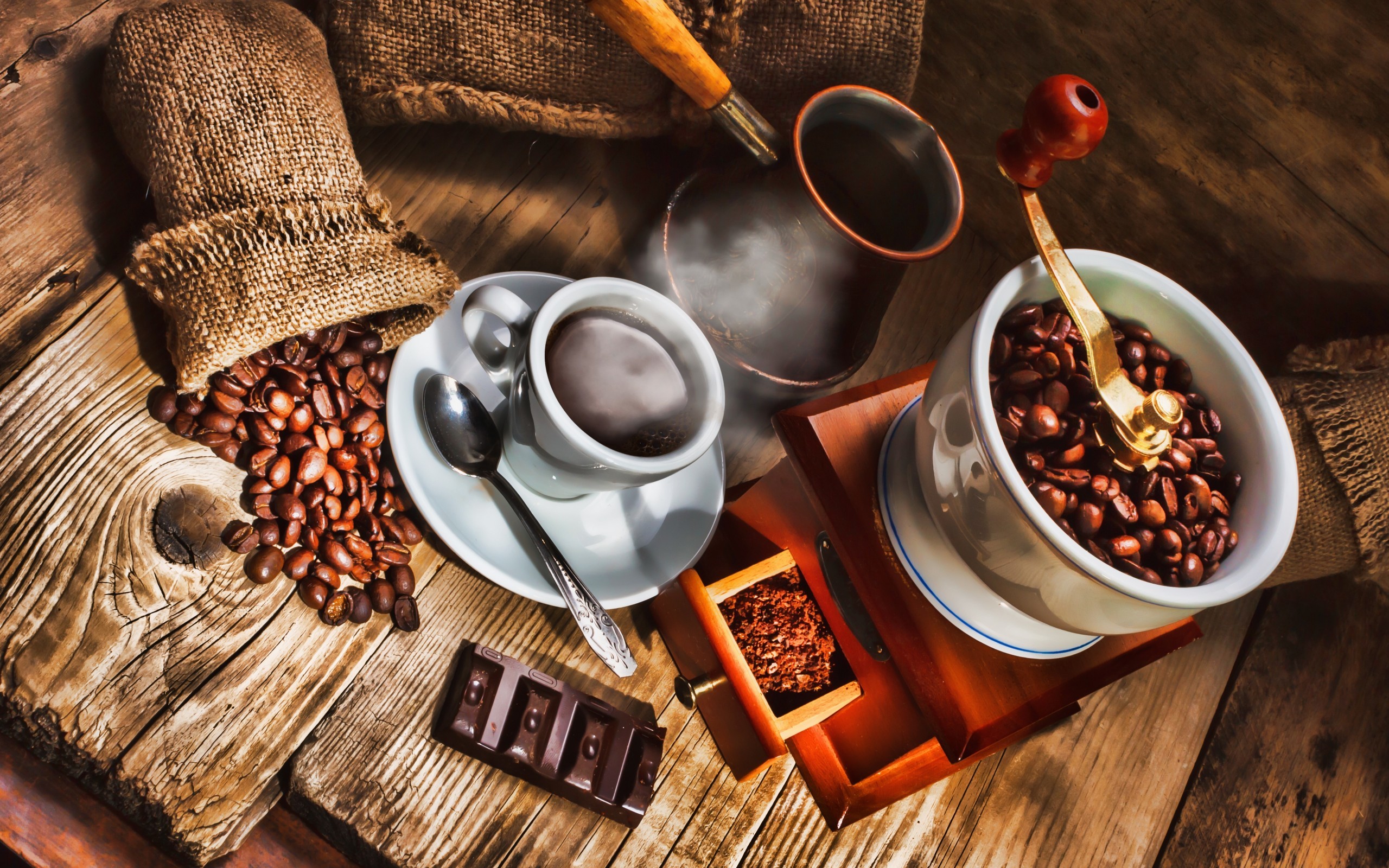 Macinacaffè, Cezve, Tazza di caffè, Cioccolato, Sacco di juta, 2K 1600p, sfondo desktop